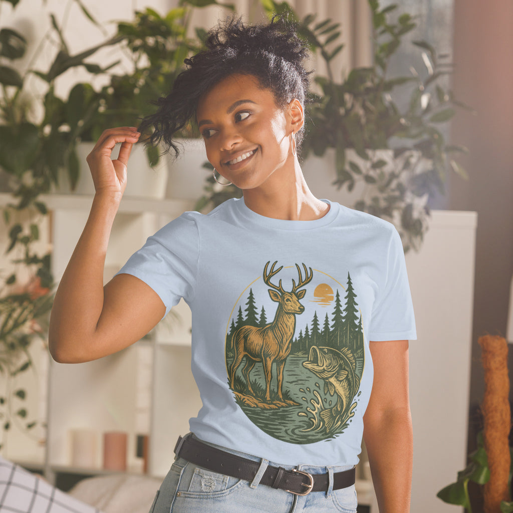 Unisex short-sleeve T-shirt, light blue with deer and bass front graphic