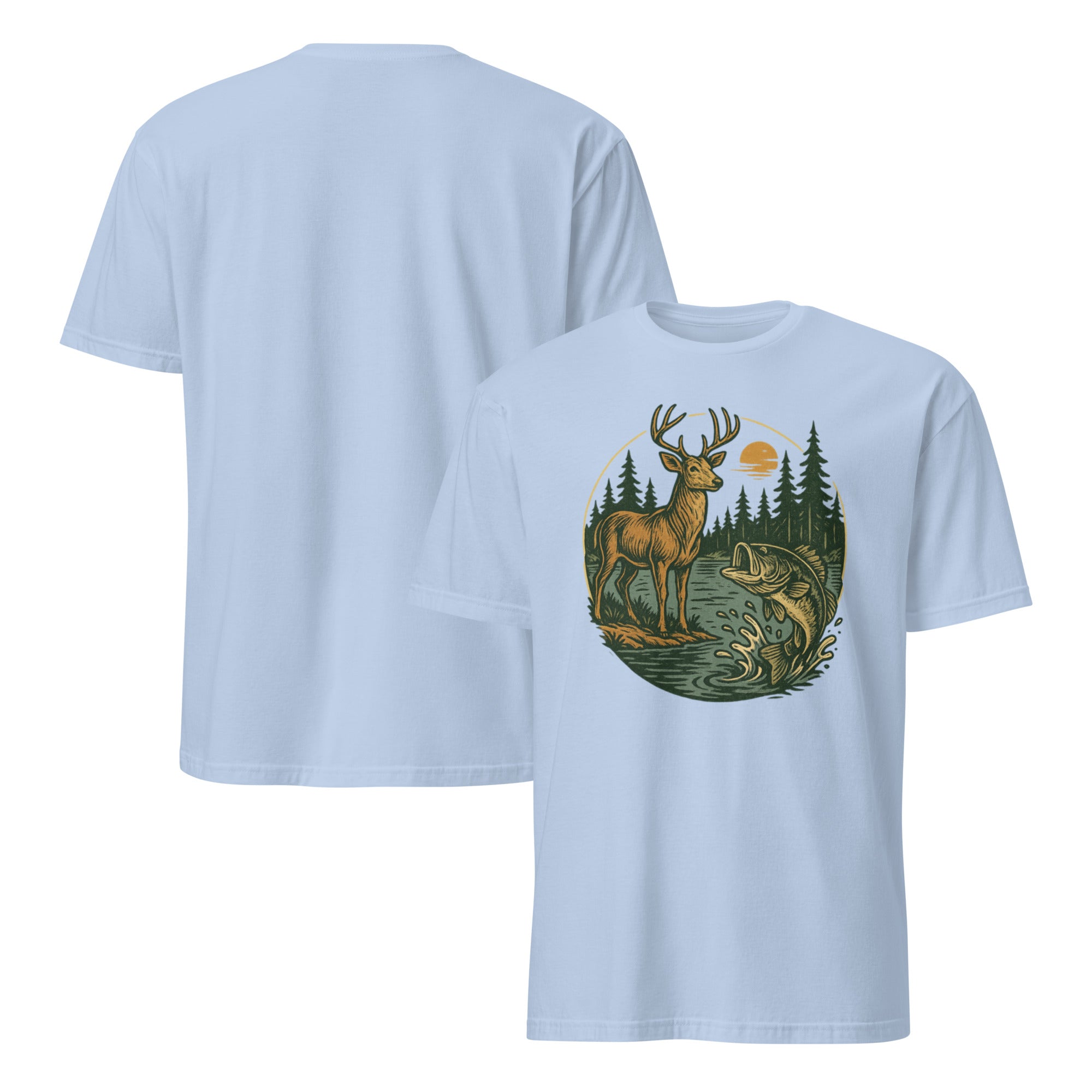Unisex short-sleeve T-shirt in light blue with deer and fish graphic on the front