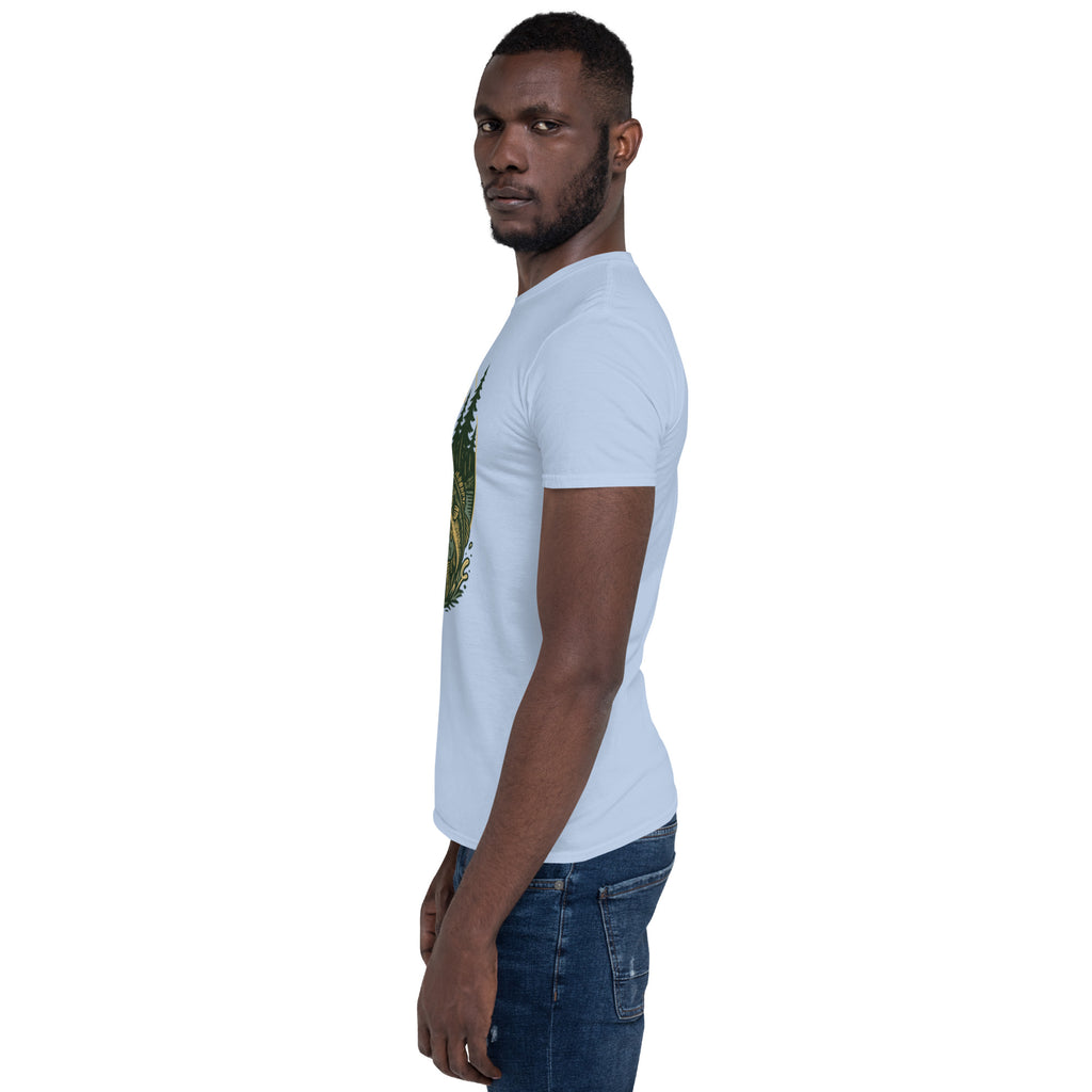 White short-sleeve unisex T-shirt with deer and bass graphic on chest
