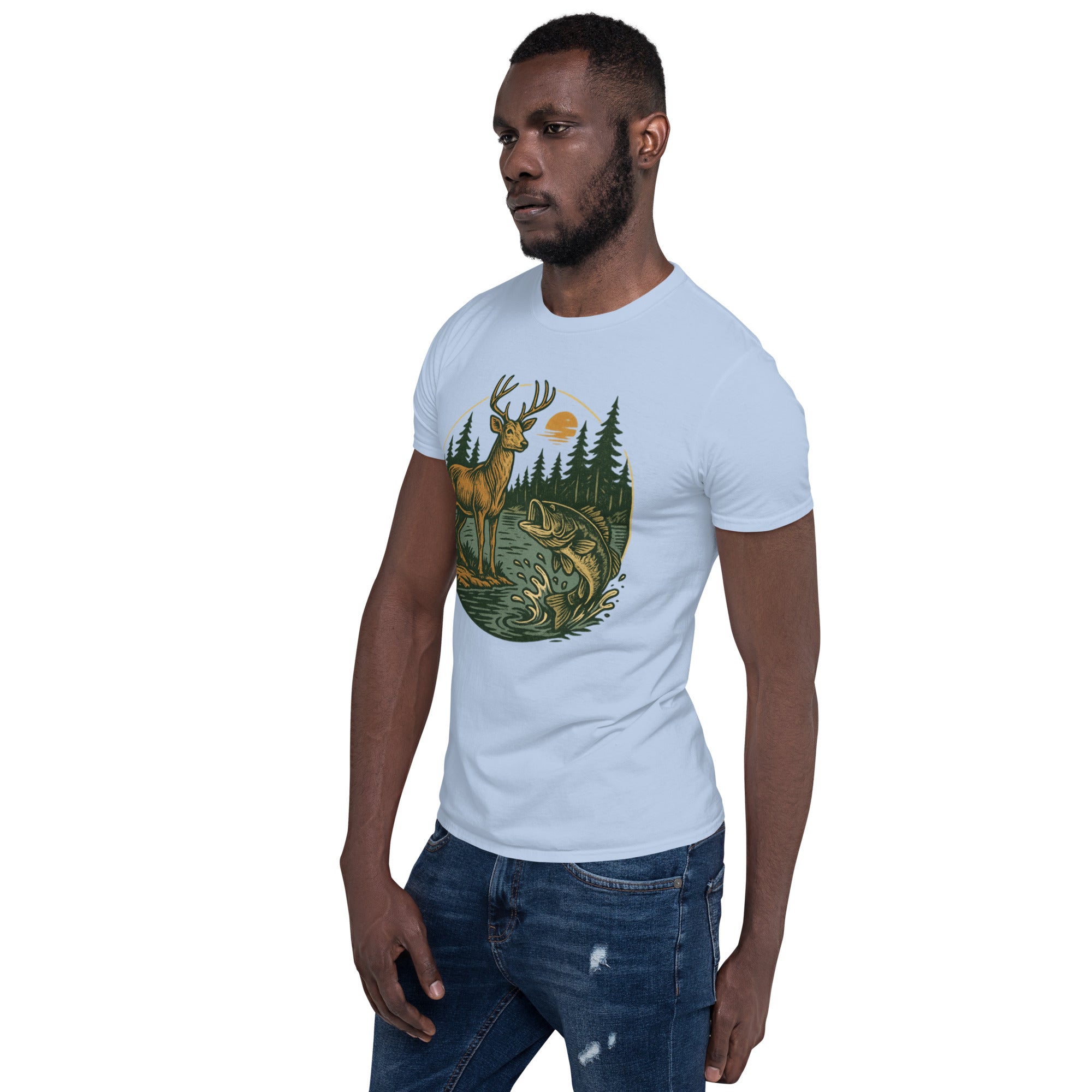 Unisex short-sleeve T-shirt in light blue with front deer and bass graphic.