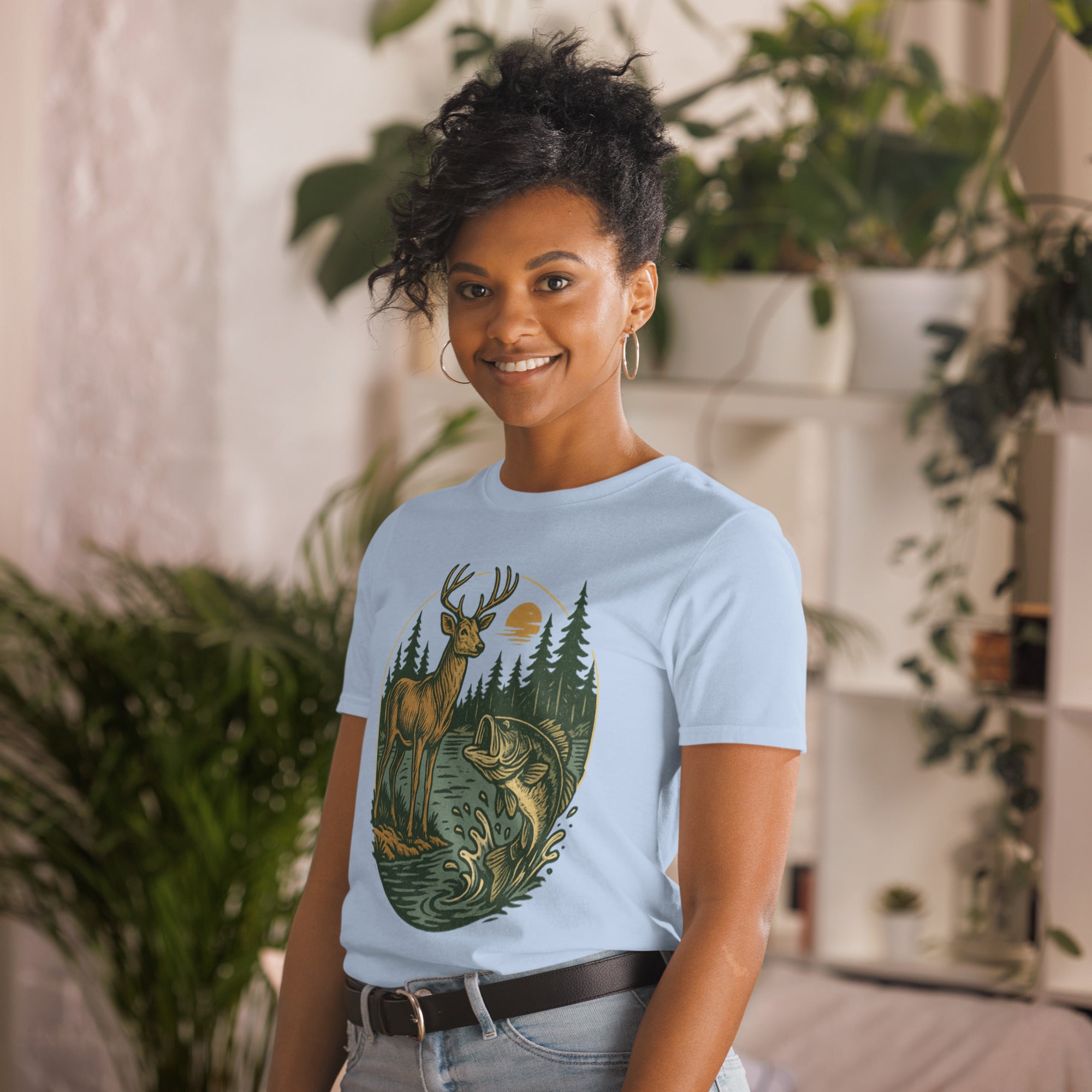 Unisex short-sleeve T-shirt in light blue with vintage deer and bass front graphic