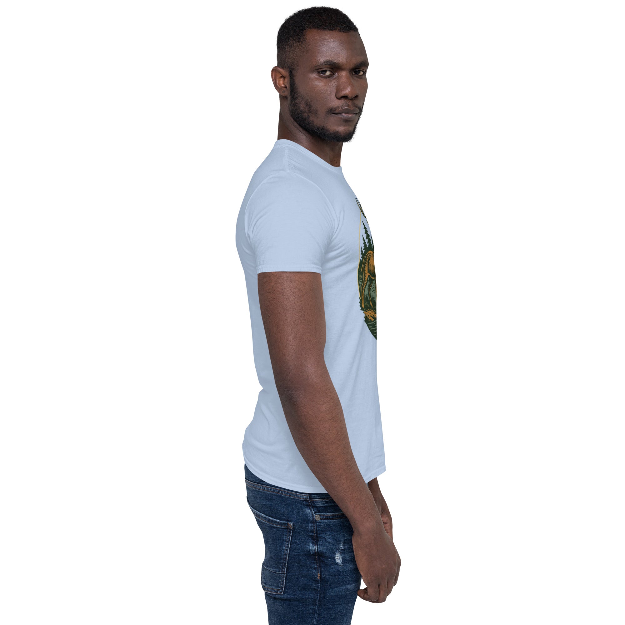 Light blue short-sleeve T-shirt with deer and bass graphic on front, crew neck
