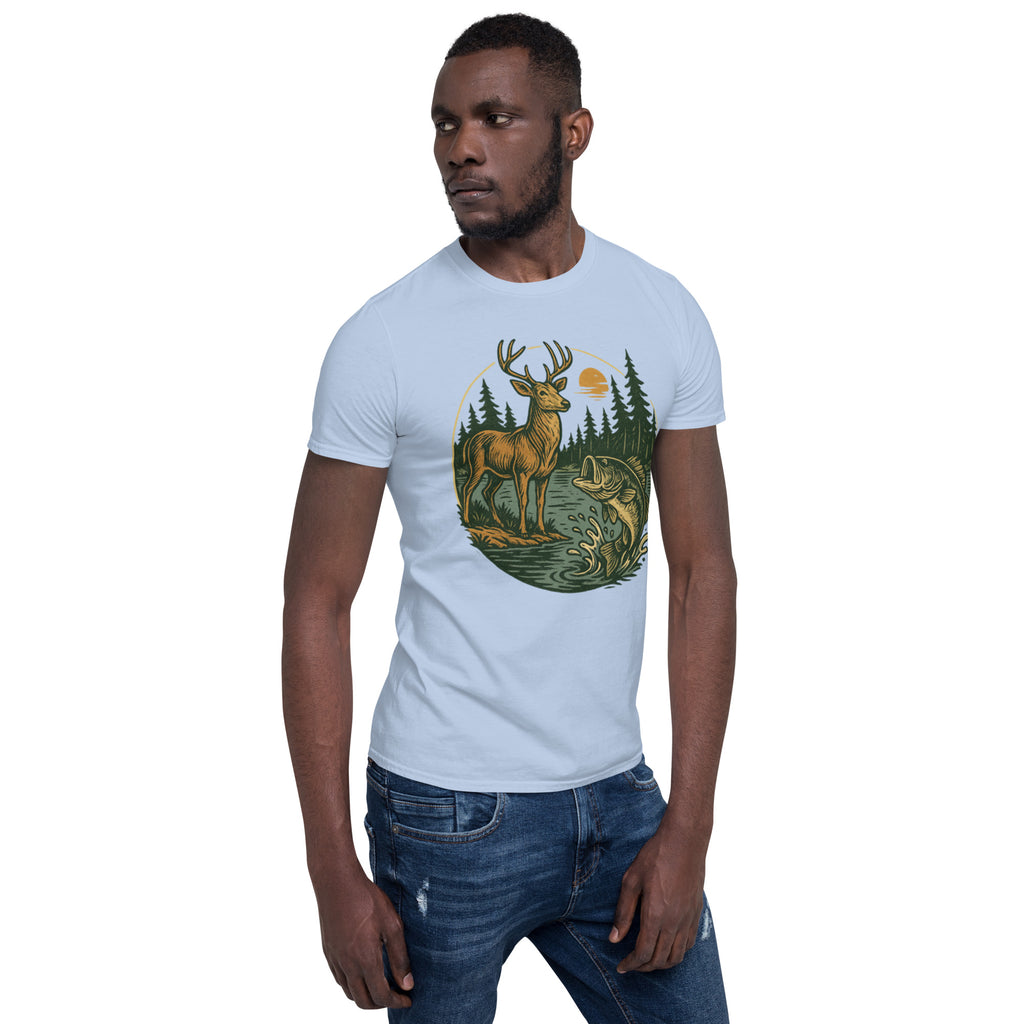 White unisex short-sleeve T-shirt with deer and bass graphic on chest