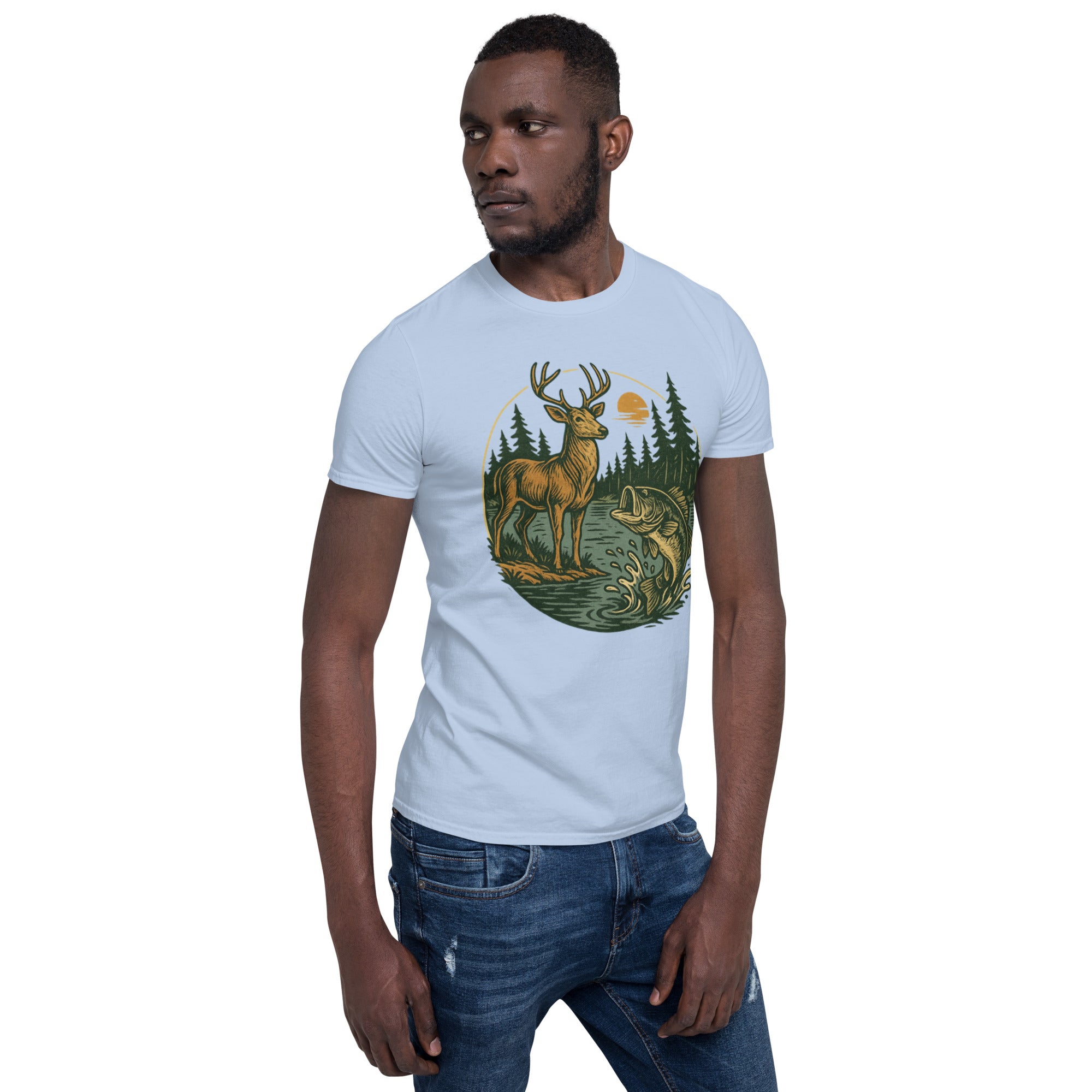 White unisex short-sleeve T-shirt with deer and bass graphic on chest