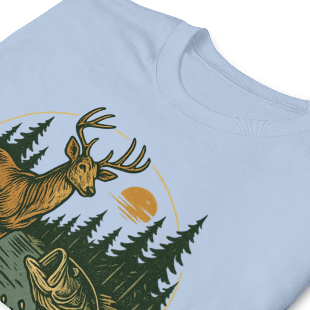 Light blue short-sleeve unisex T-shirt with vintage deer and bass chest graphic