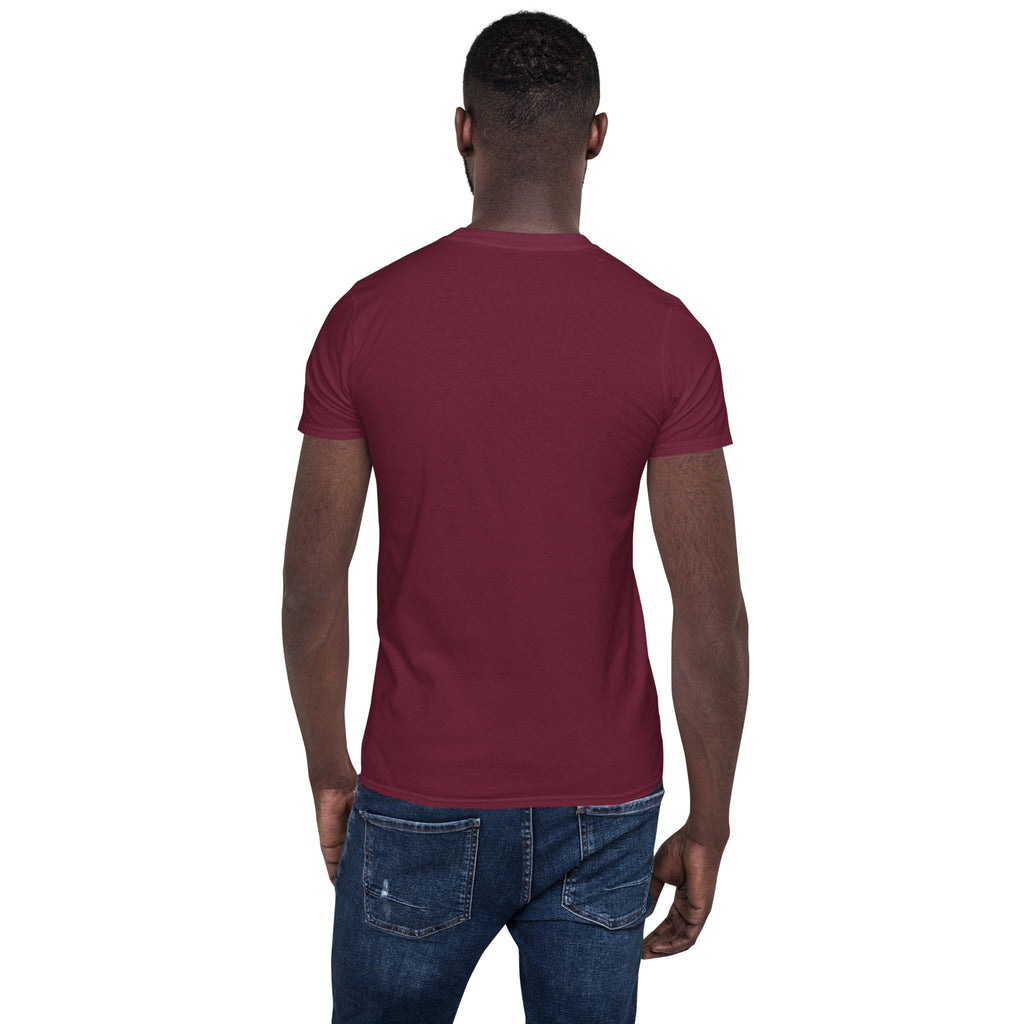 Unisex short-sleeve T-shirt in maroon, plain back view.