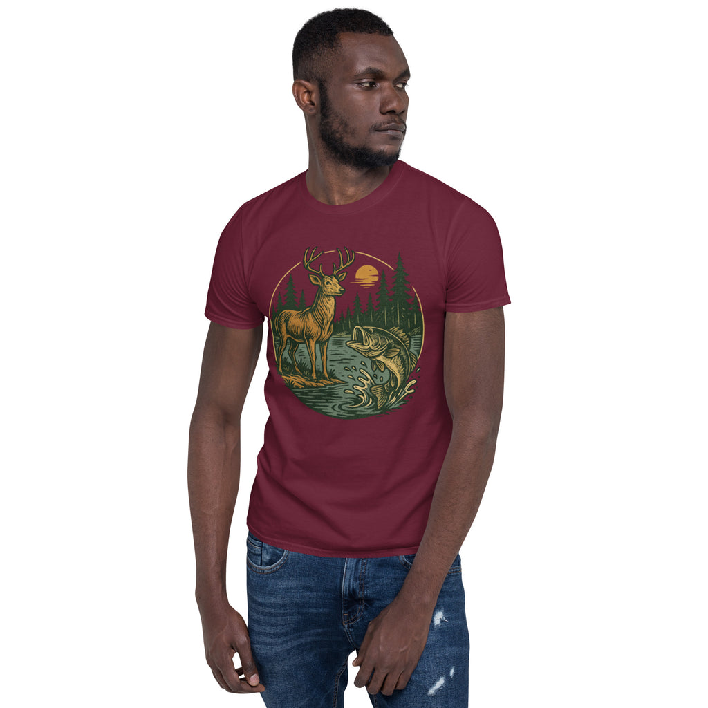 Unisex short-sleeve T-shirt in maroon with deer and fish graphic on the front