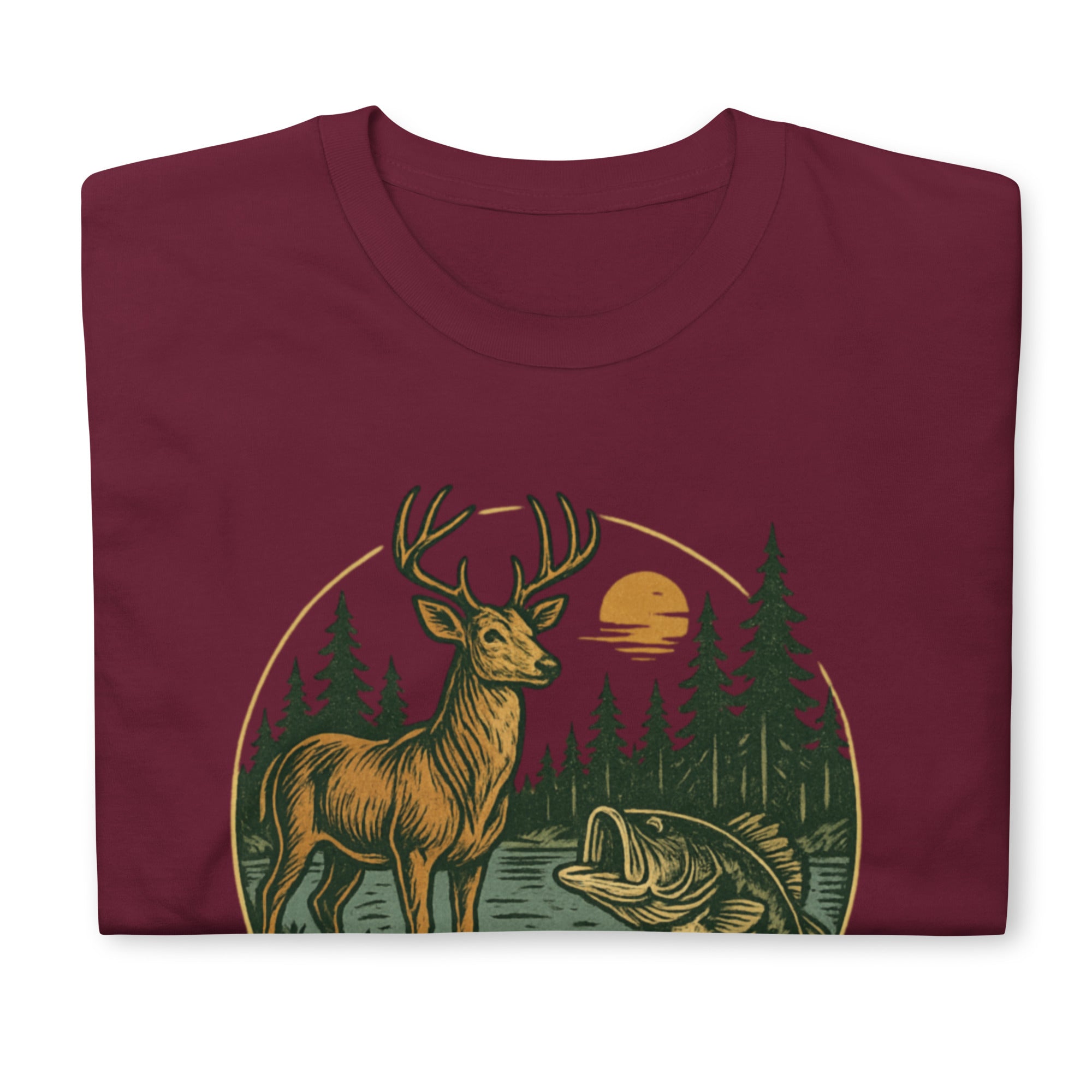 Maroon short-sleeve t-shirt with vintage deer and bass front graphic