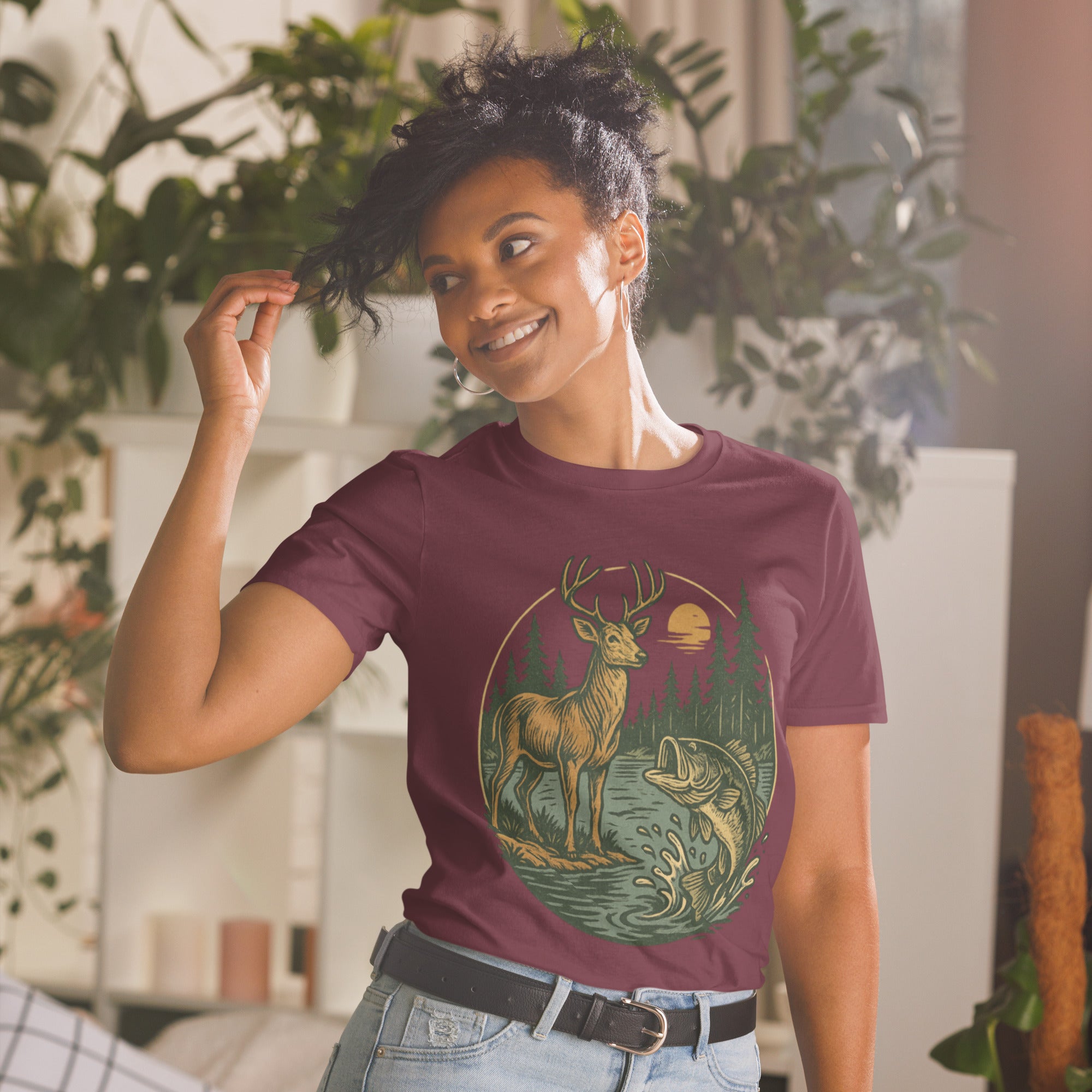 Maroon short-sleeve unisex T-shirt with vintage deer and bass chest graphic