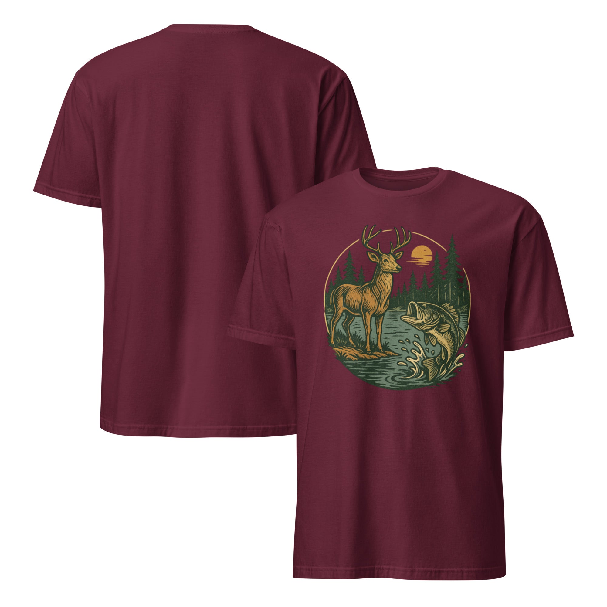 Maroon unisex short-sleeve T-shirt with deer and bass graphic on the chest