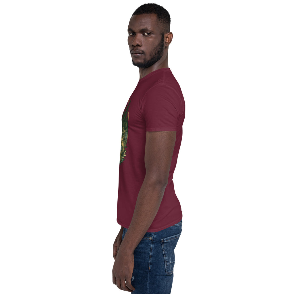 Maroon short-sleeve T-shirt with deer and bass graphic on front, crew neck