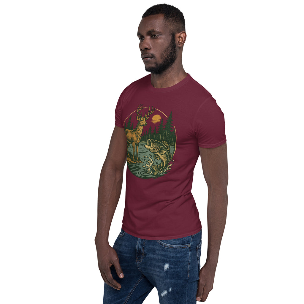Unisex short-sleeve T-shirt in maroon with vintage deer-and-bass front graphic