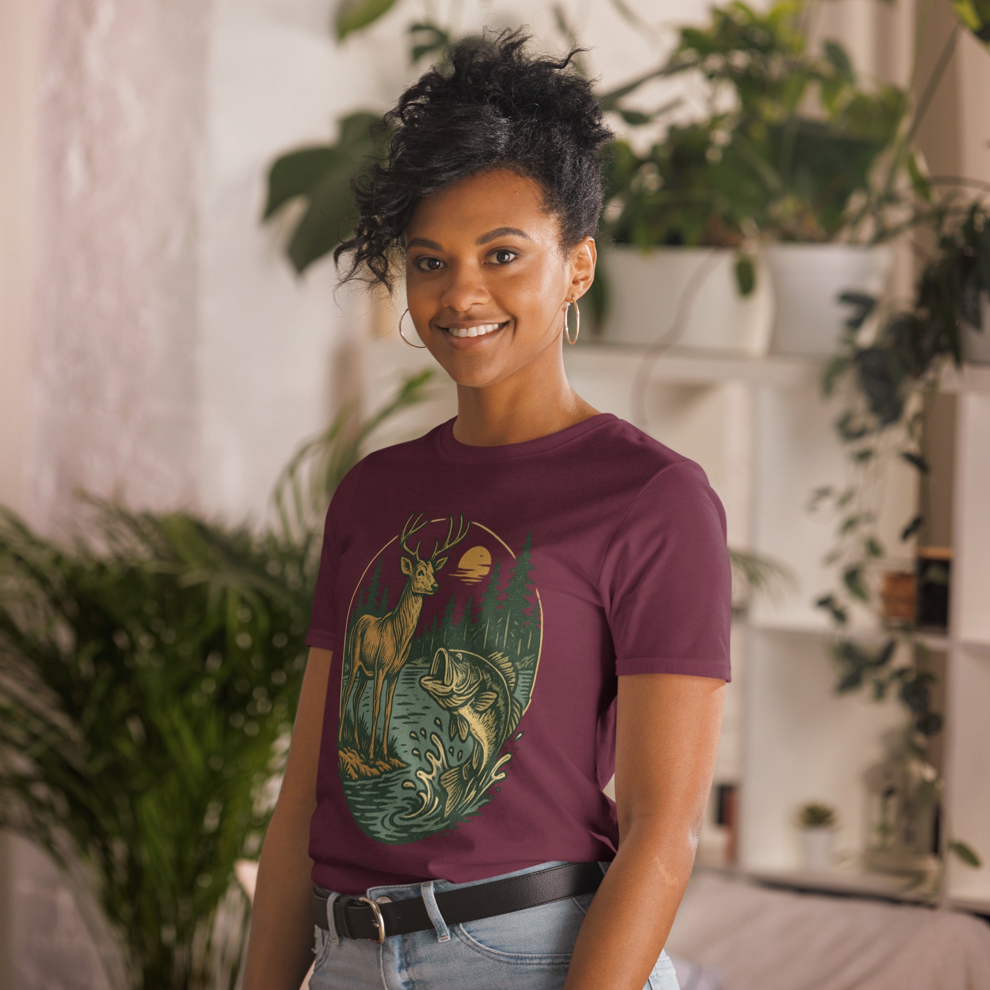 Unisex short-sleeve T-shirt with deer and bass graphic, maroon