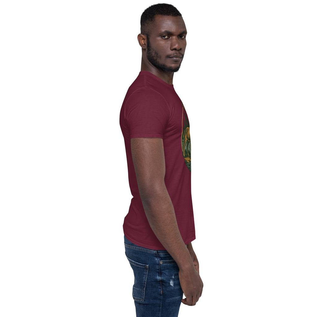 Unisex short-sleeve T-shirt, maroon, with deer and bass chest graphic
