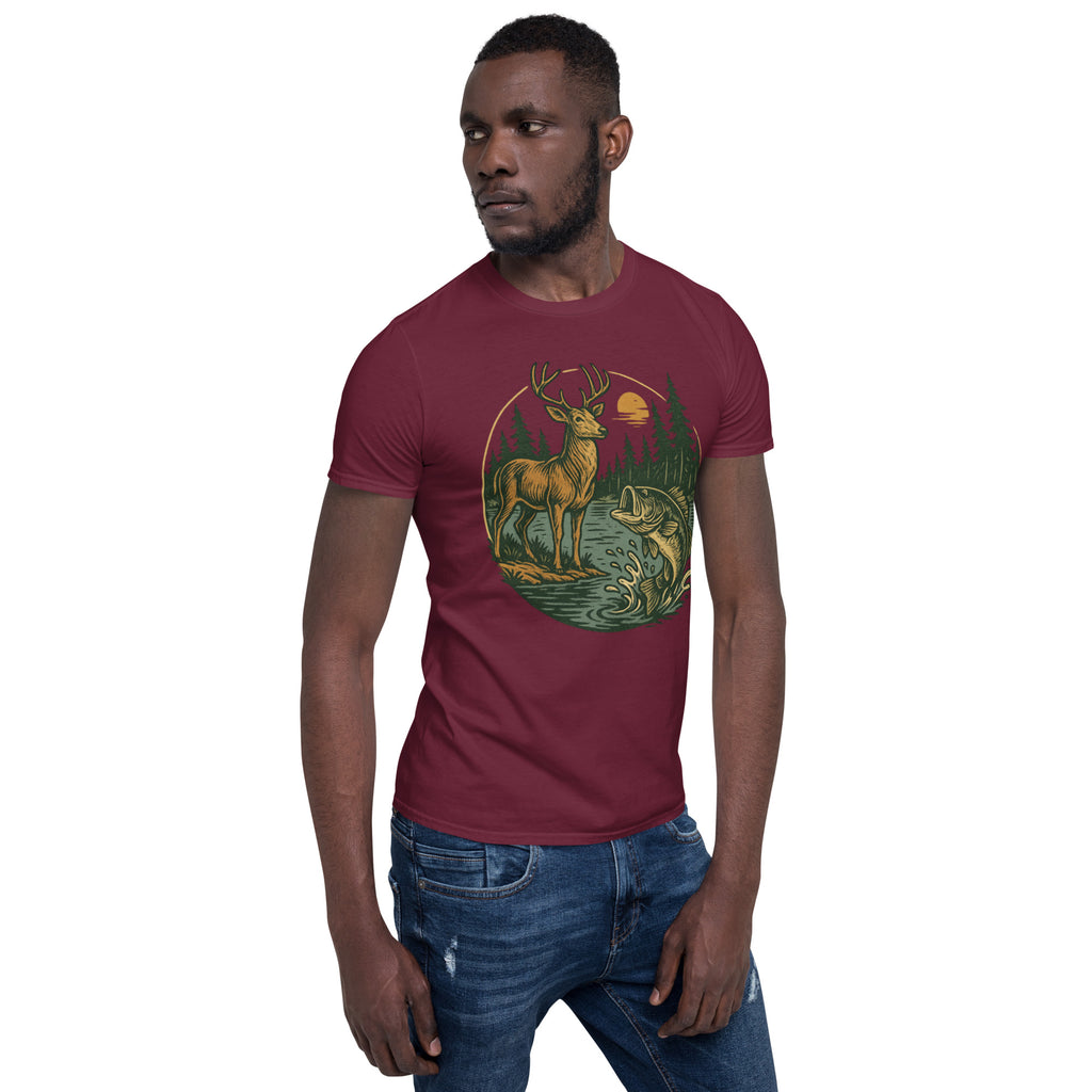 Maroon crewneck T-shirt with vintage deer and fish graphic on front