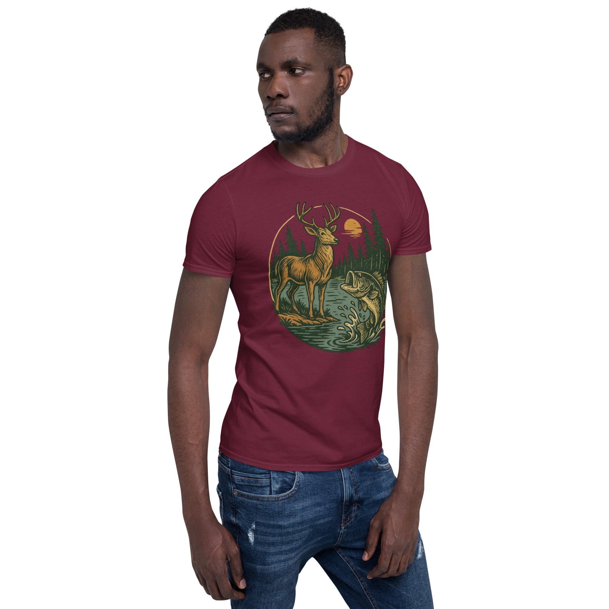 Maroon crewneck T-shirt with vintage deer and fish graphic on front