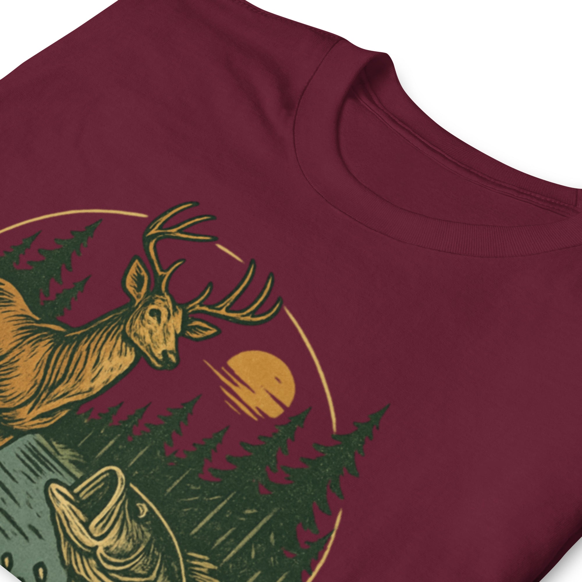 Maroon unisex T-shirt with deer and bass graphic, short sleeves