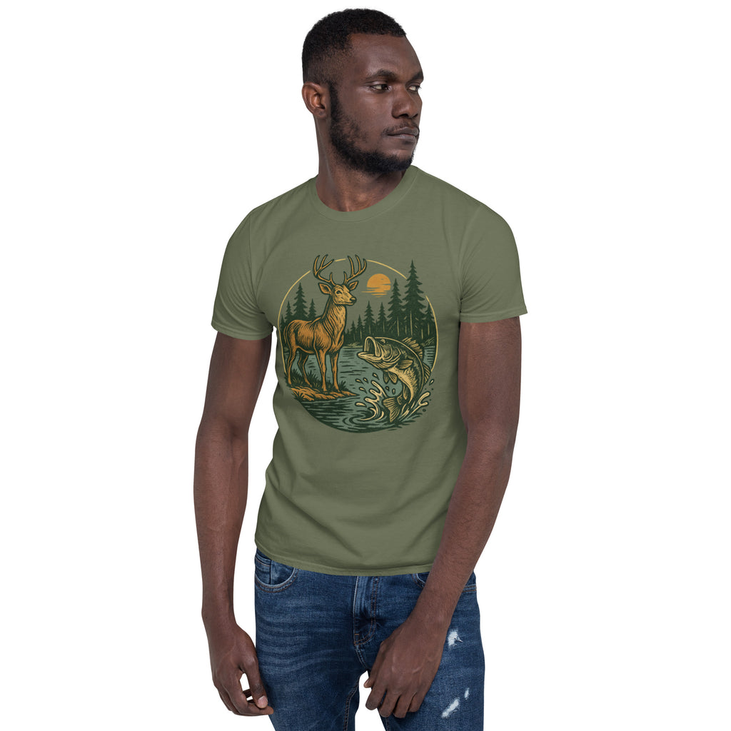Unisex short-sleeve T-shirt in olive green with vintage deer and bass graphic