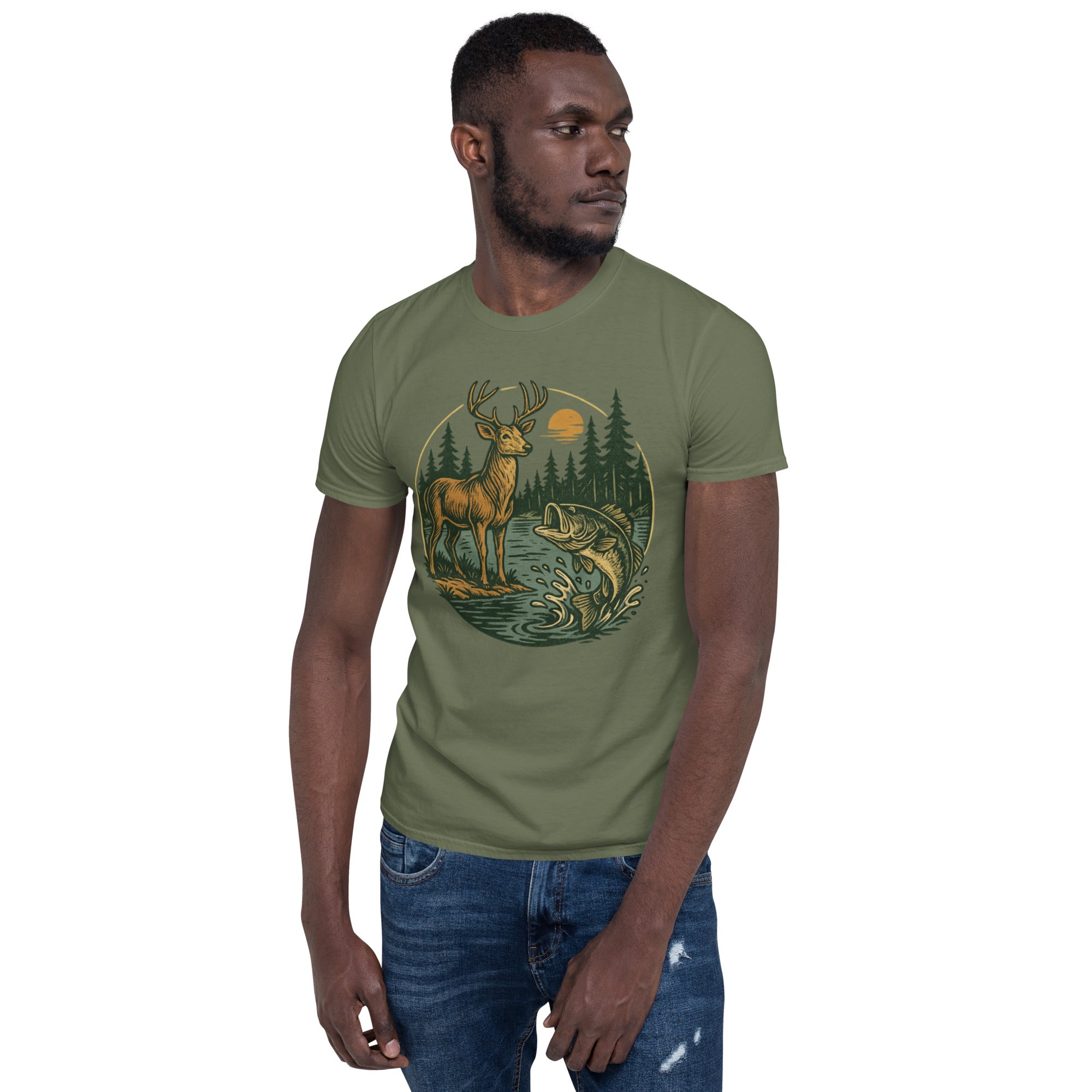 Unisex short-sleeve T-shirt in olive green with vintage deer and bass graphic