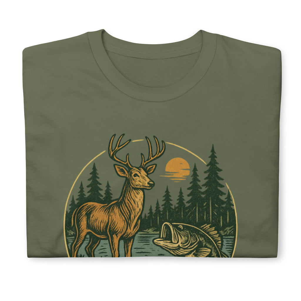 Unisex short-sleeve T-shirt, forest green, vintage deer and bass forest graphic