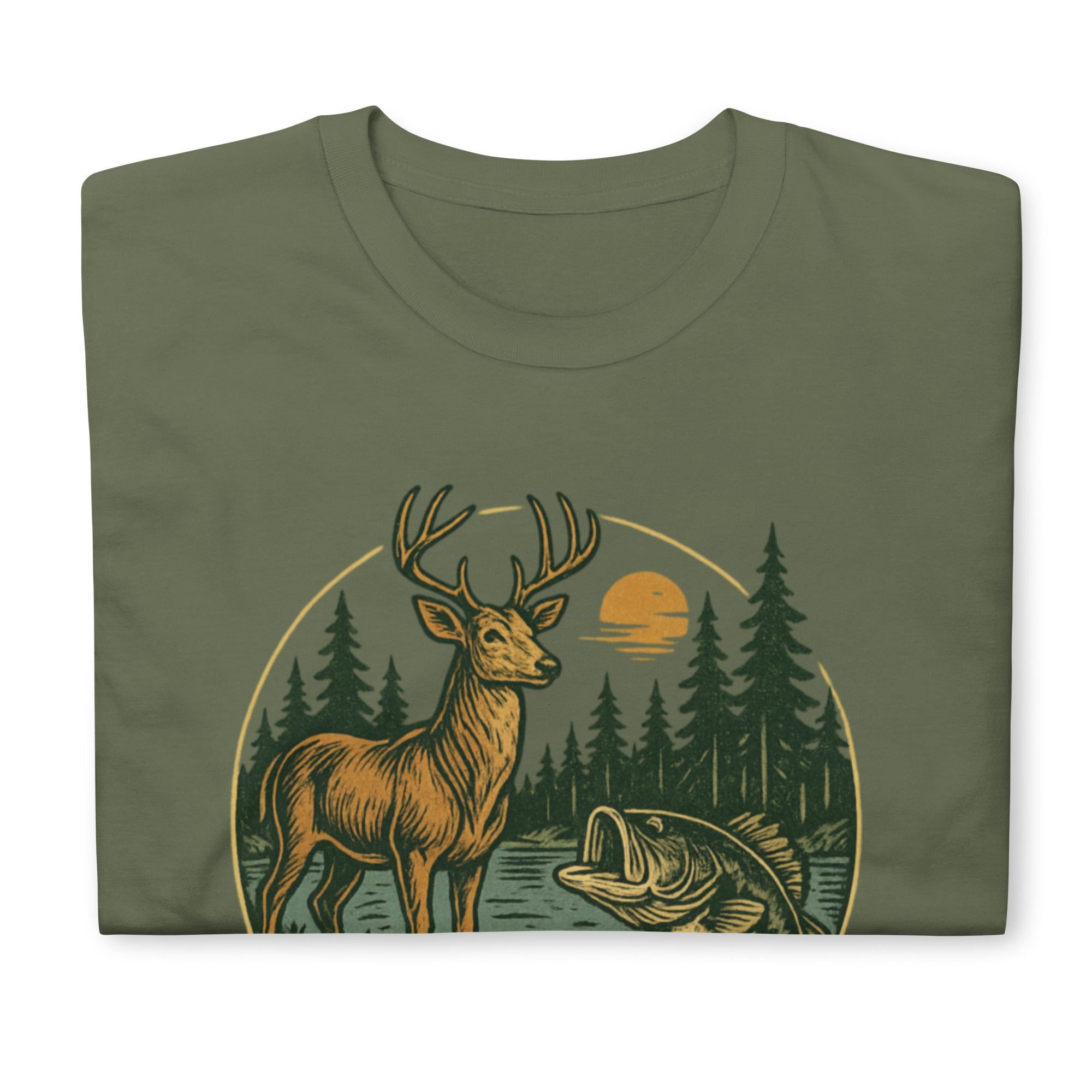 Unisex short-sleeve T-shirt, forest green, vintage deer and bass forest graphic
