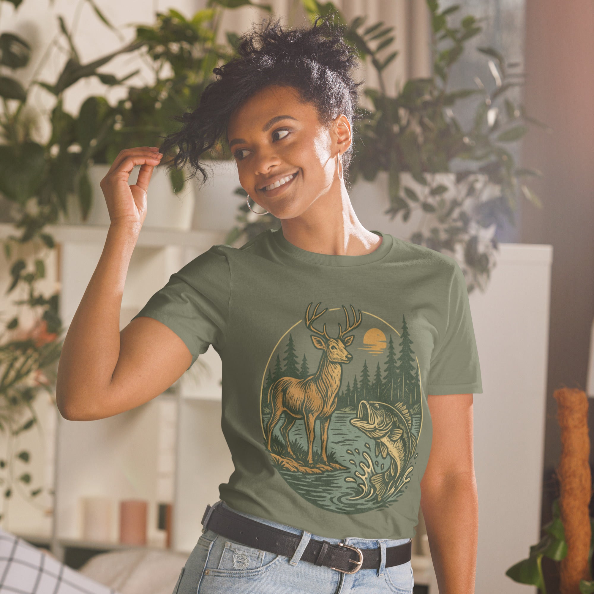 Unisex short-sleeve T-shirt, dark green with deer and bass front graphic