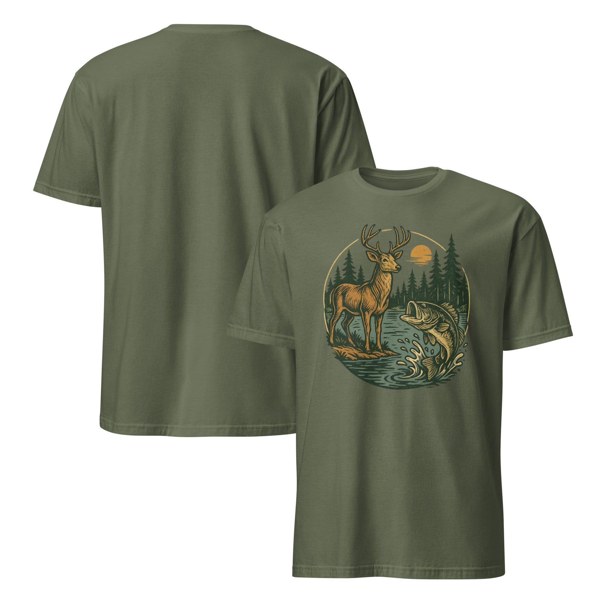 Olive green unisex short-sleeve T-shirt with deer and bass graphic on the chest