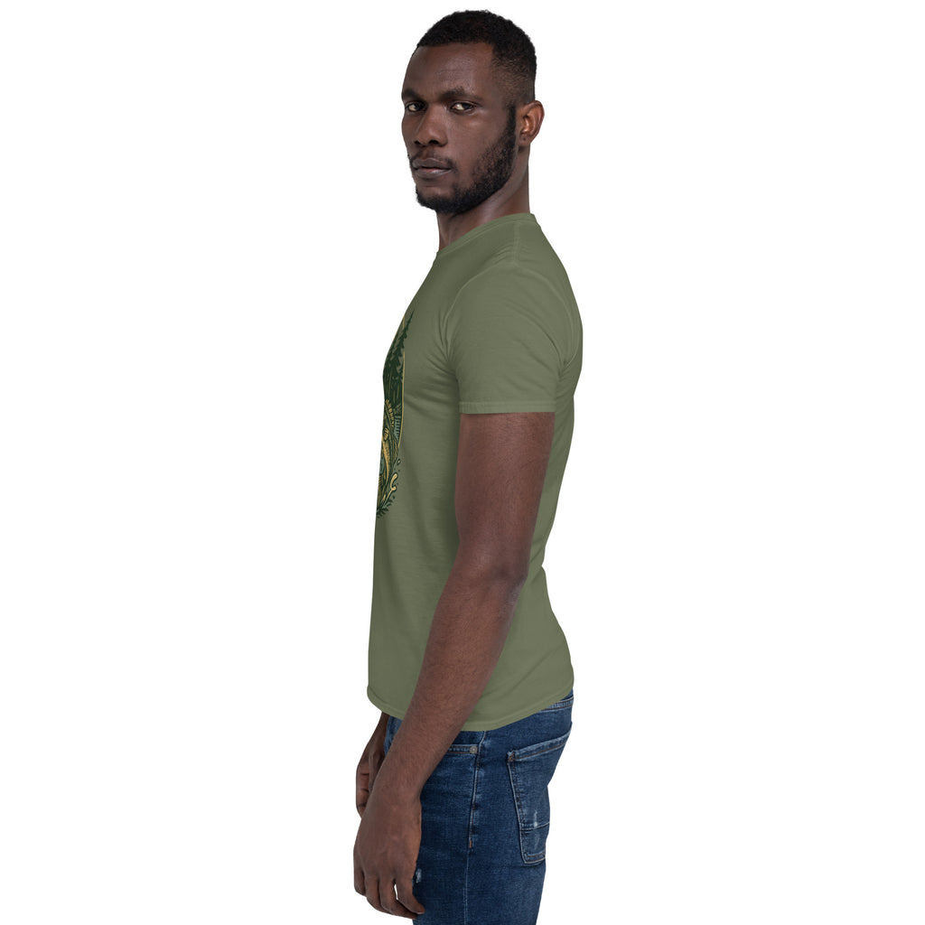 Olive green short-sleeve unisex T-shirt with deer and bass graphic on chest