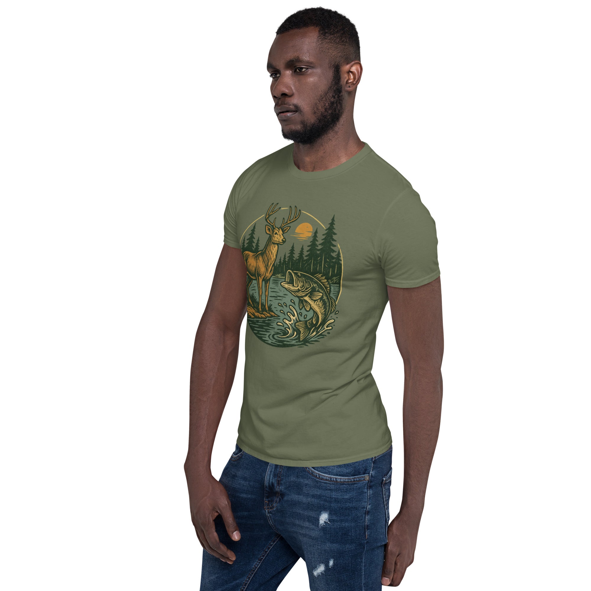 Unisex short-sleeve T-shirt in olive green with vintage deer-and-bass front graphic