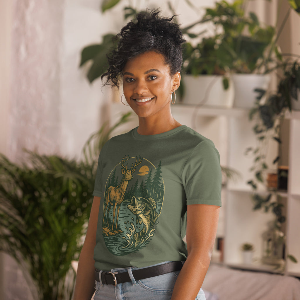 Unisex short-sleeve T-shirt with deer and bass graphic, olive green