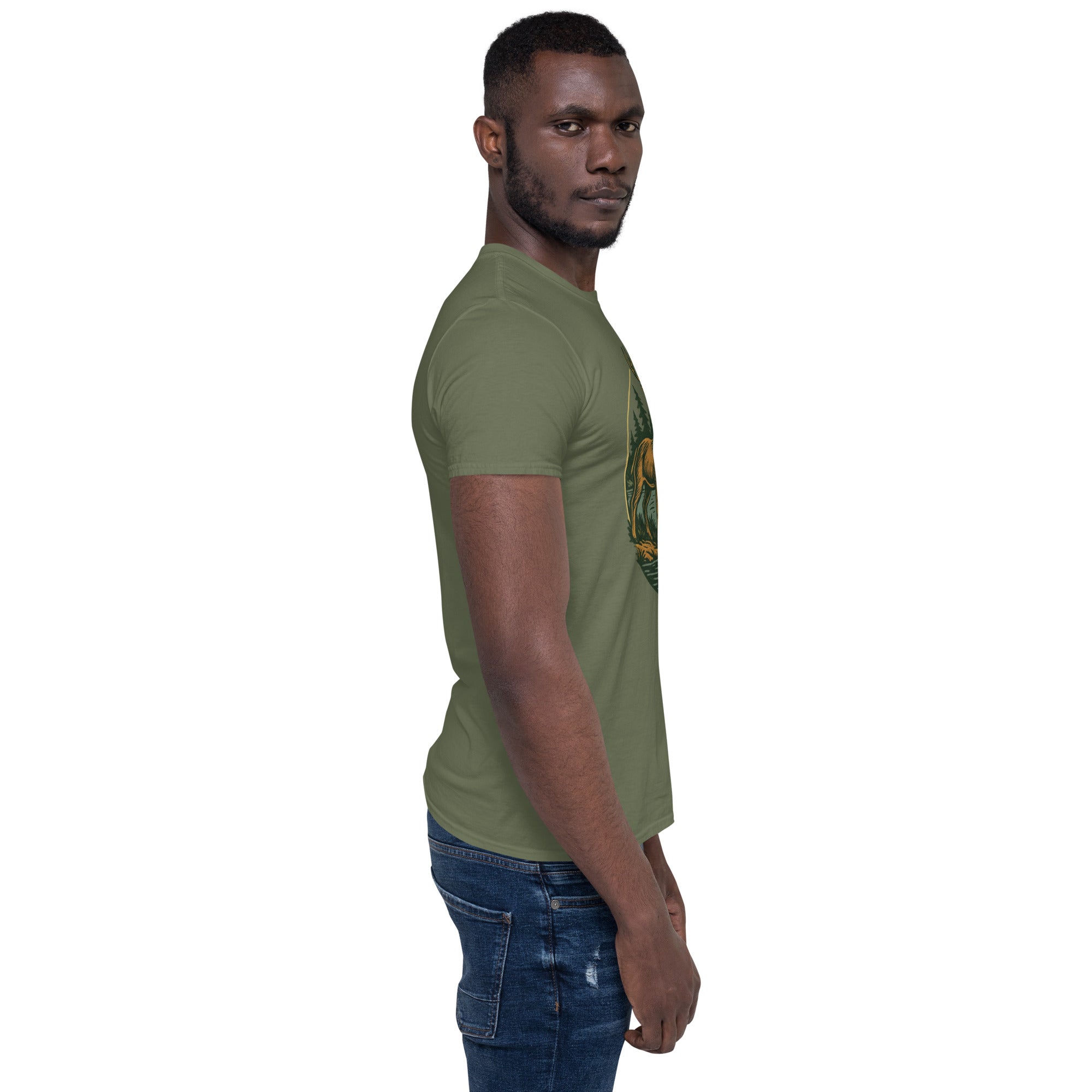 Unisex short-sleeve T-shirt, olive green, with deer and bass chest graphic