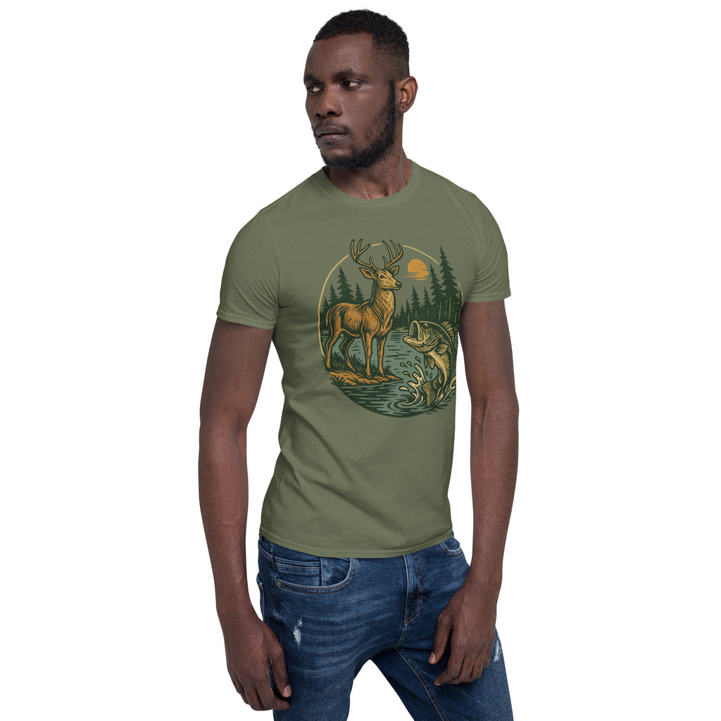 Forest green unisex short-sleeve T-shirt with deer and bass graphic on chest
