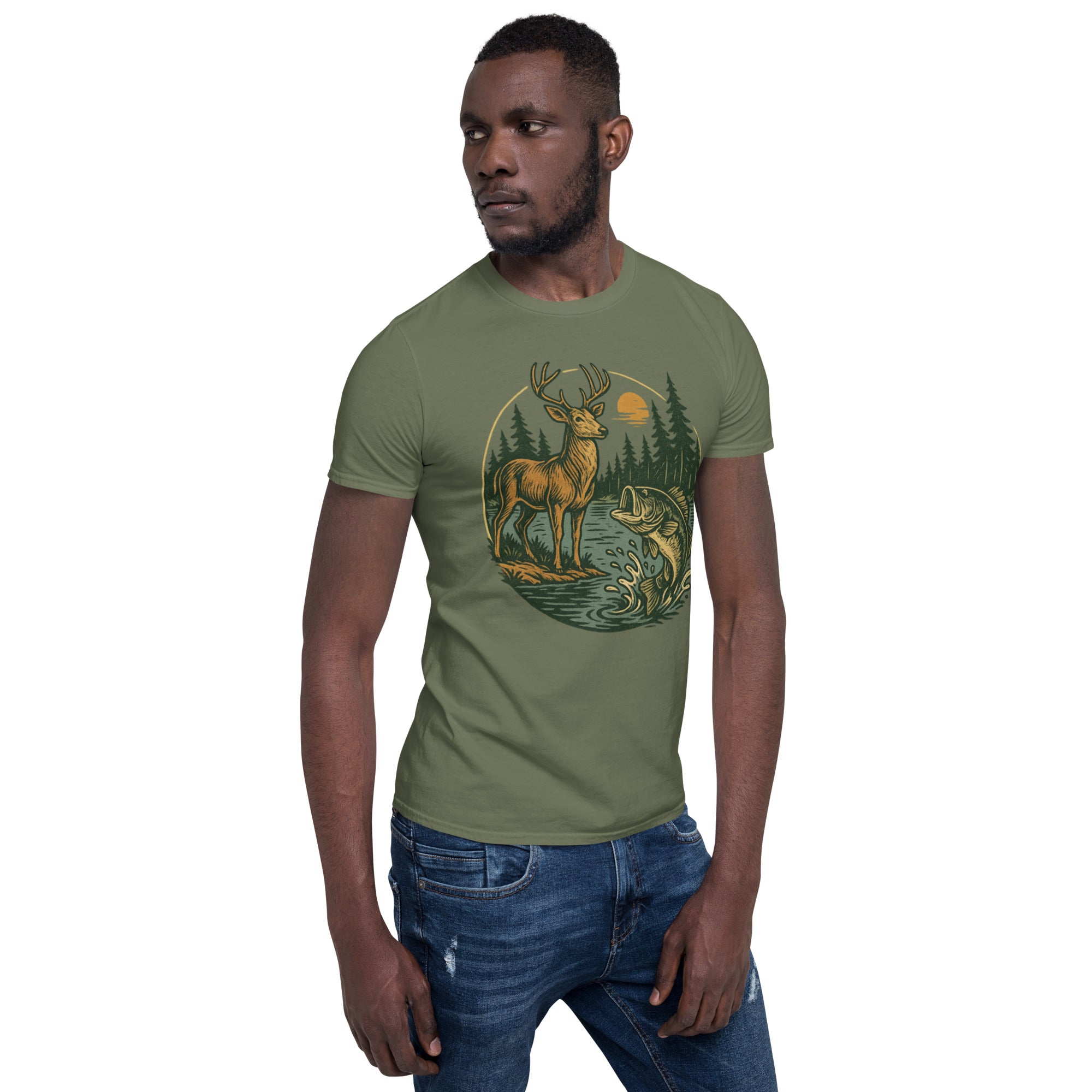 Forest green unisex short-sleeve T-shirt with deer and bass graphic on chest