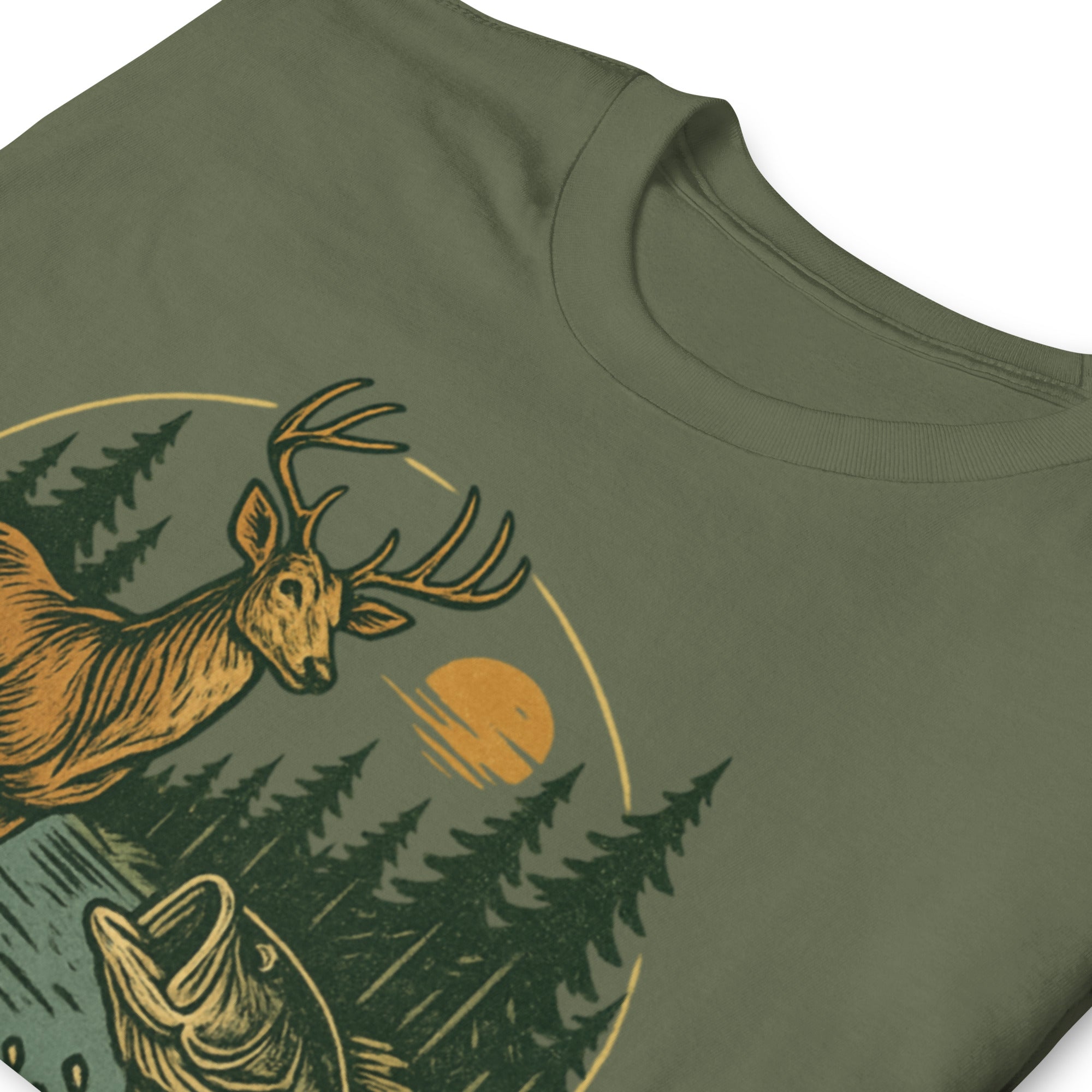 Military green unisex T-shirt with deer and bass graphic, short sleeves