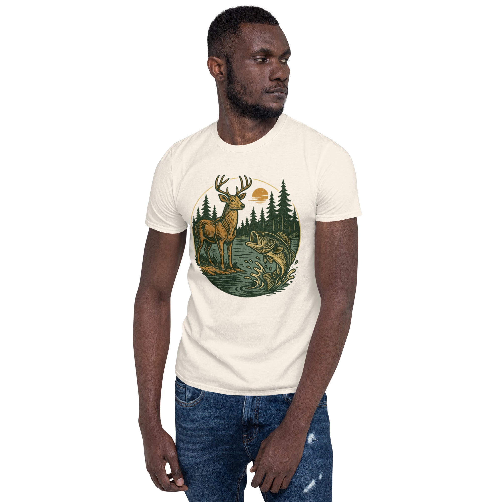 Cream crewneck T-shirt with vintage deer and fish graphic on front