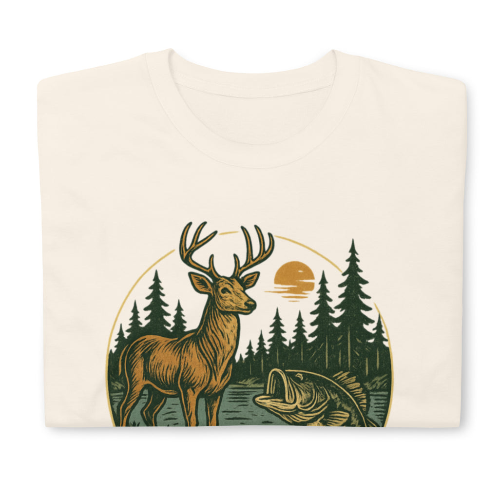 Unisex short-sleeve T-shirt, natural cream, vintage deer and bass forest graphic