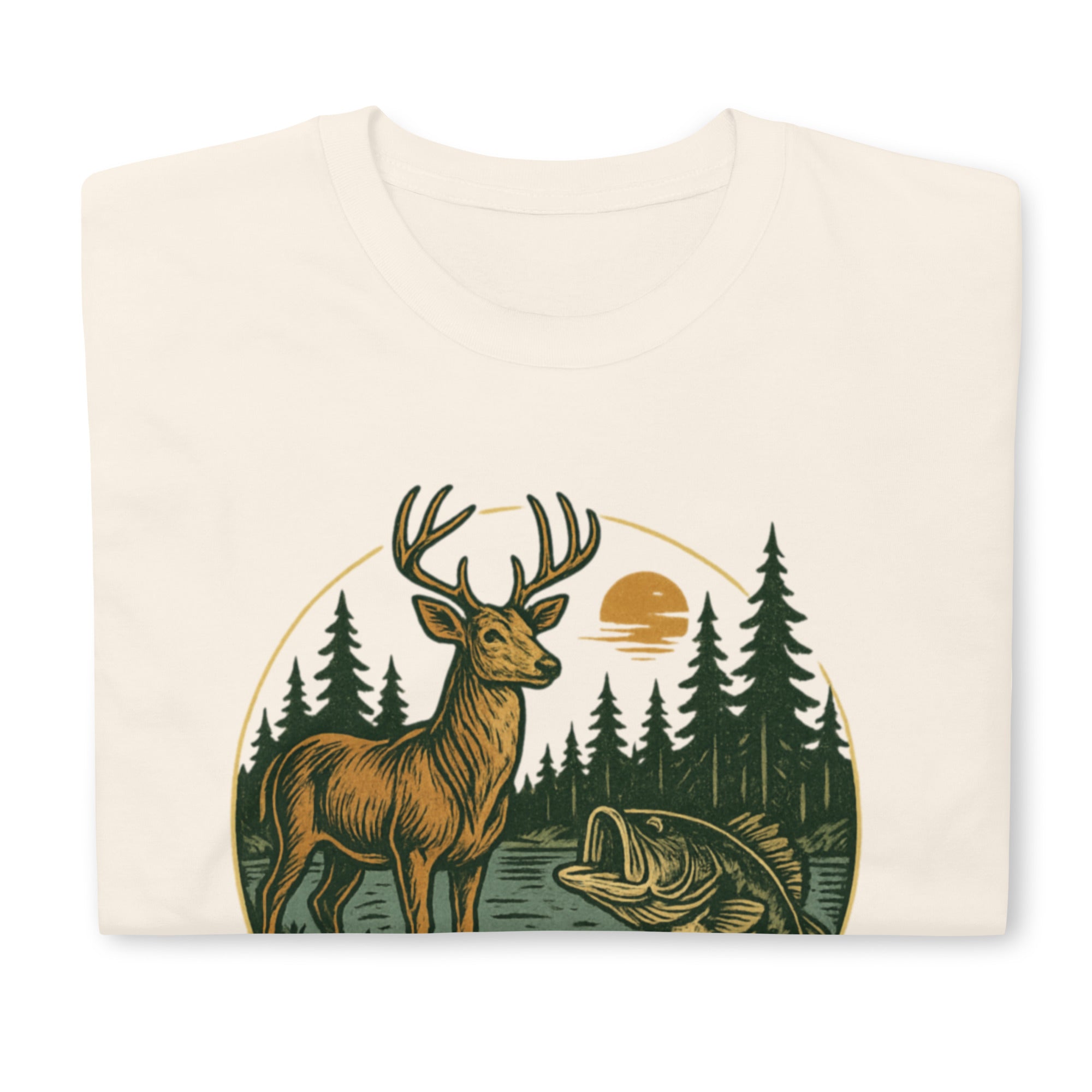 Unisex short-sleeve T-shirt, natural cream, vintage deer and bass forest graphic