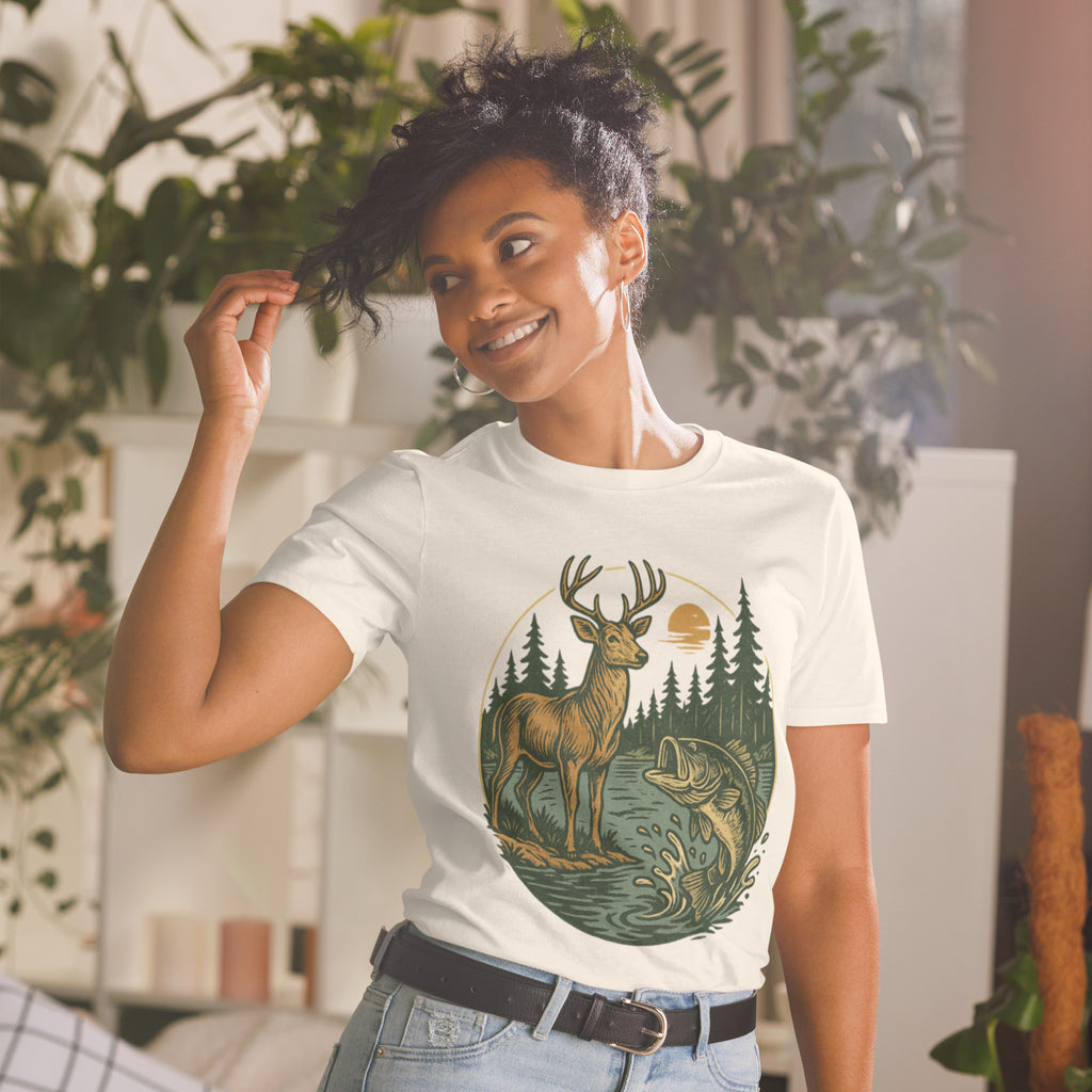 Unisex short-sleeve T-shirt, cream with deer and bass front graphic