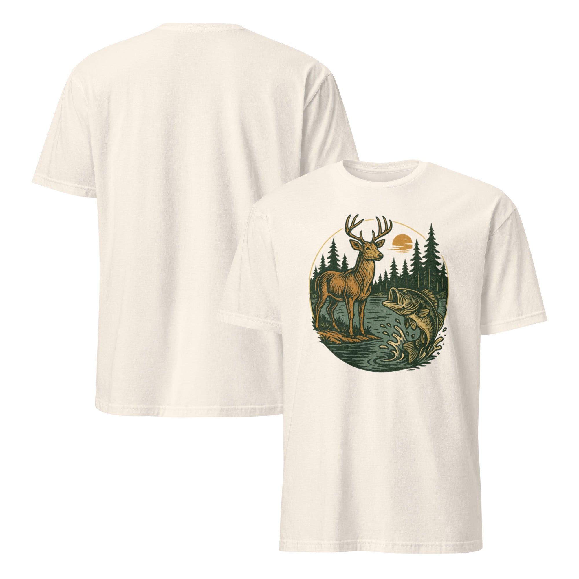 Unisex short-sleeve T-shirt in cream with deer and fish graphic on the front