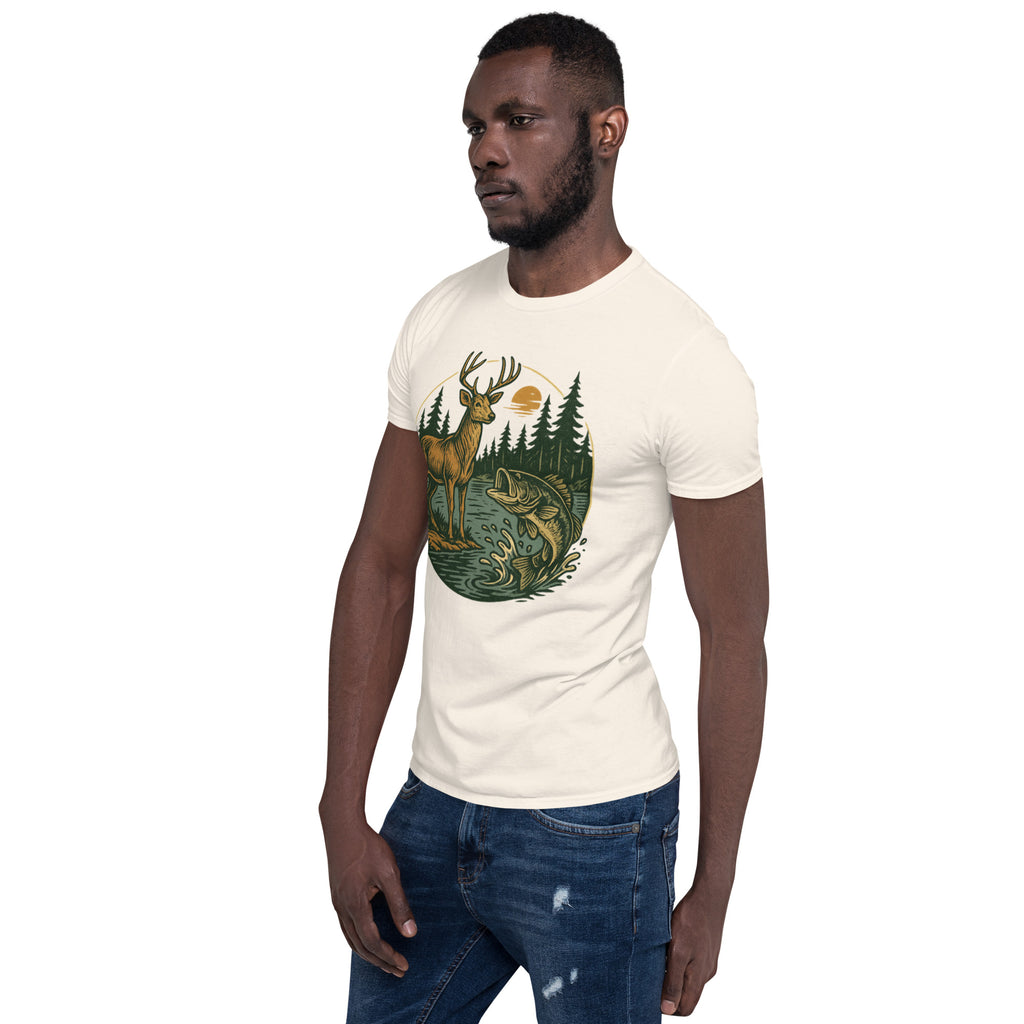 Unisex short-sleeve T-shirt in natural cream with front deer and bass graphic.
