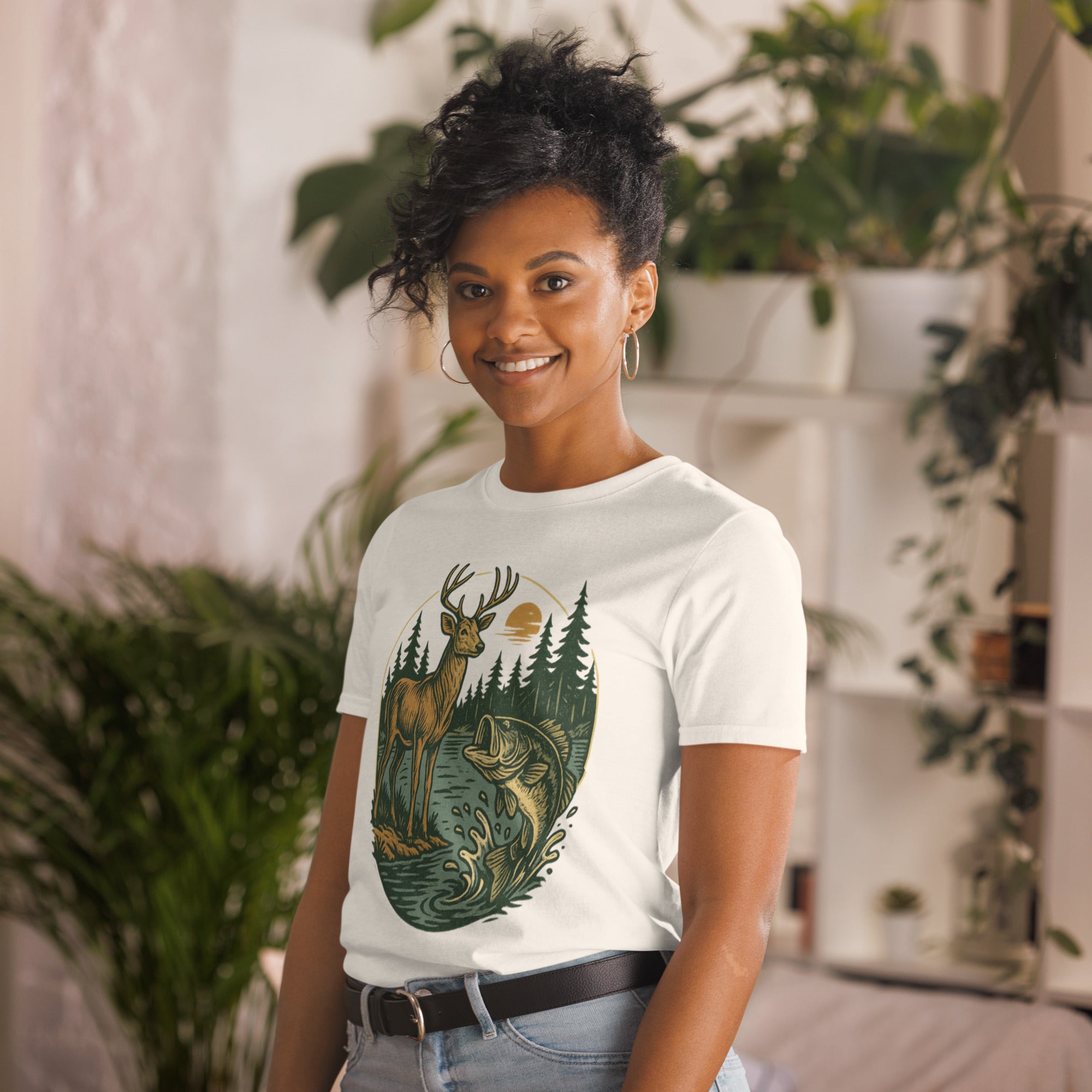 Unisex short-sleeve T-shirt in white with vintage deer and bass front graphic