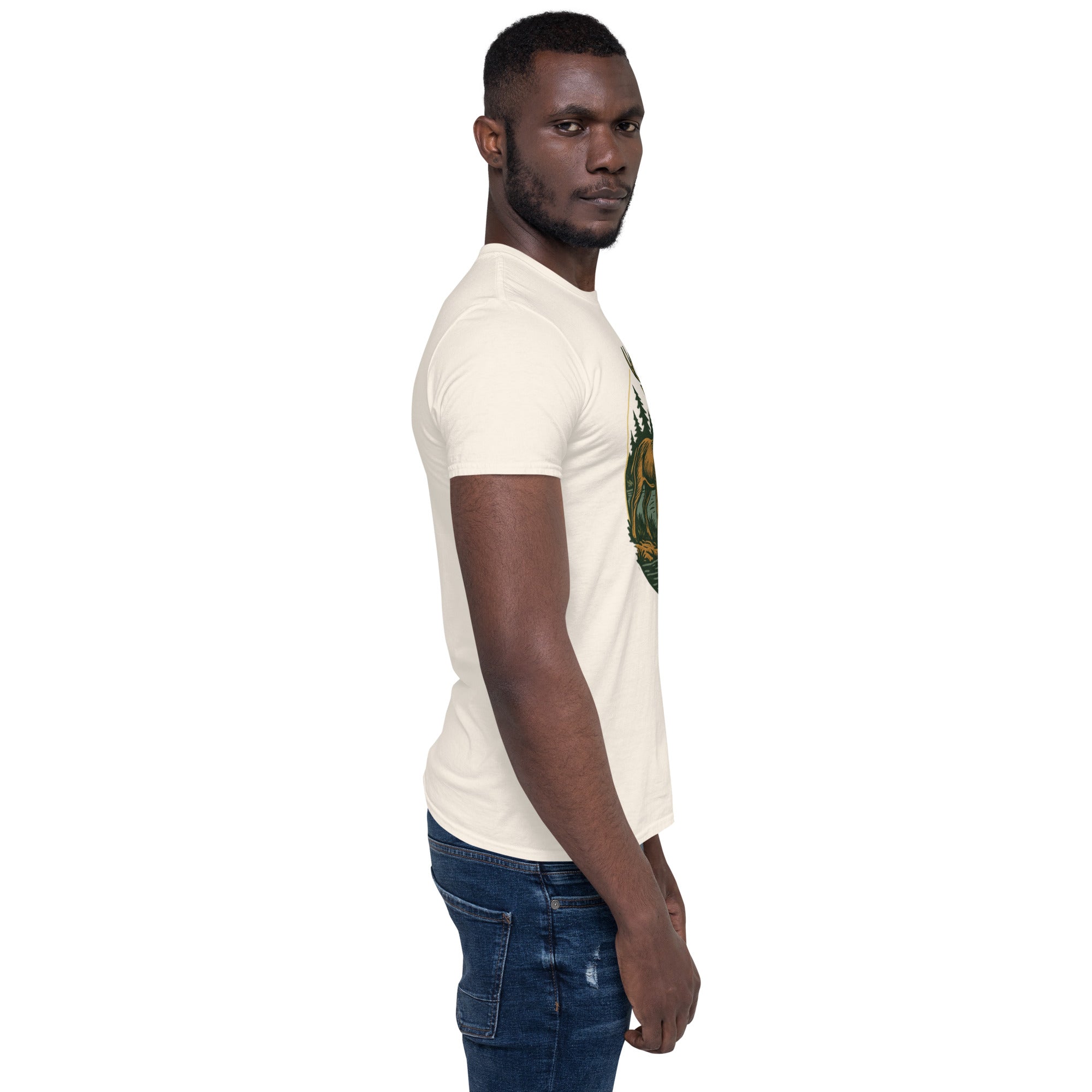 Cream short-sleeve T-shirt with deer and bass graphic on front, crew neck