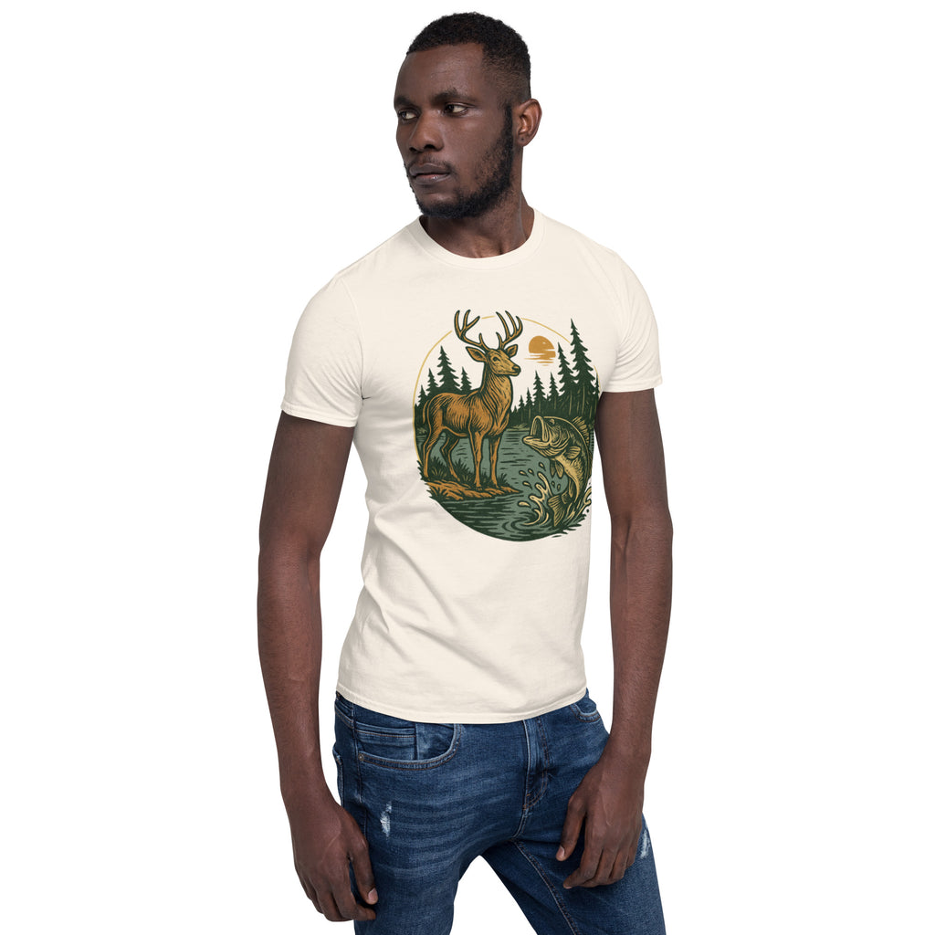 Natural beige unisex short-sleeve T-shirt with deer and bass scene graphic