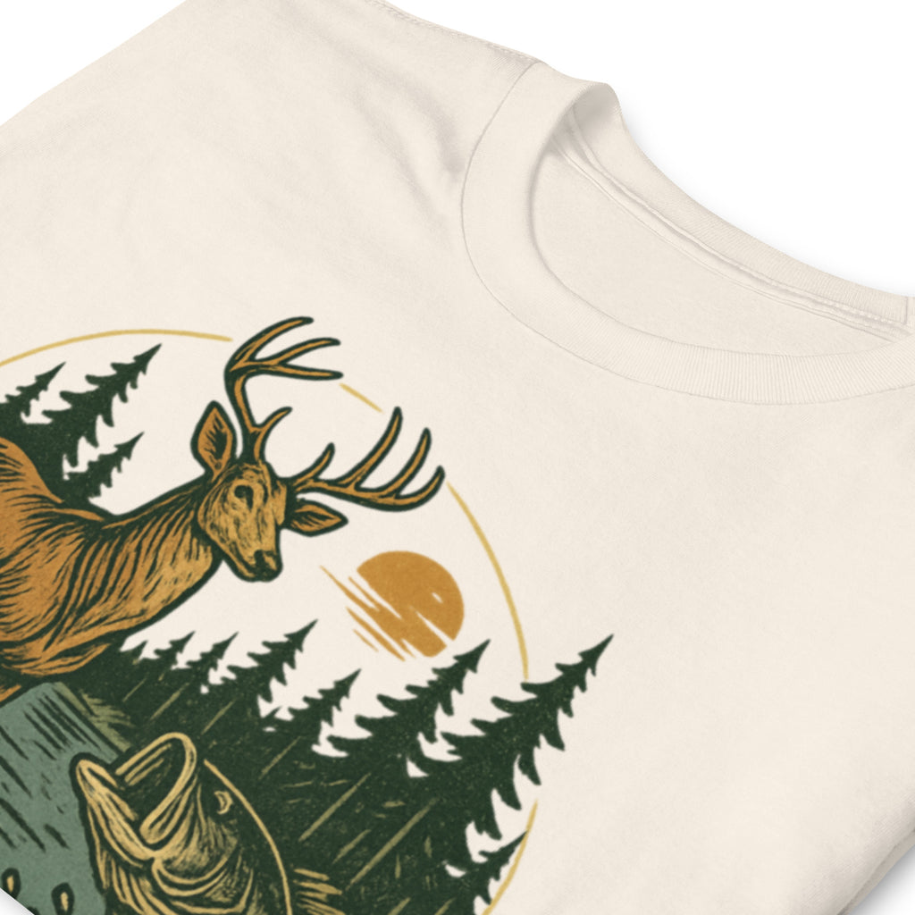 Cream short-sleeve unisex T-shirt with vintage deer and bass chest graphic