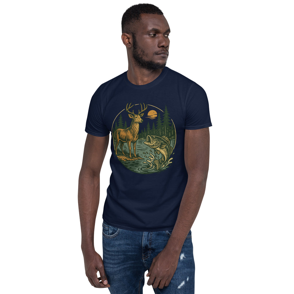 Unisex short-sleeve T-shirt in navy with deer and fish graphic on the front