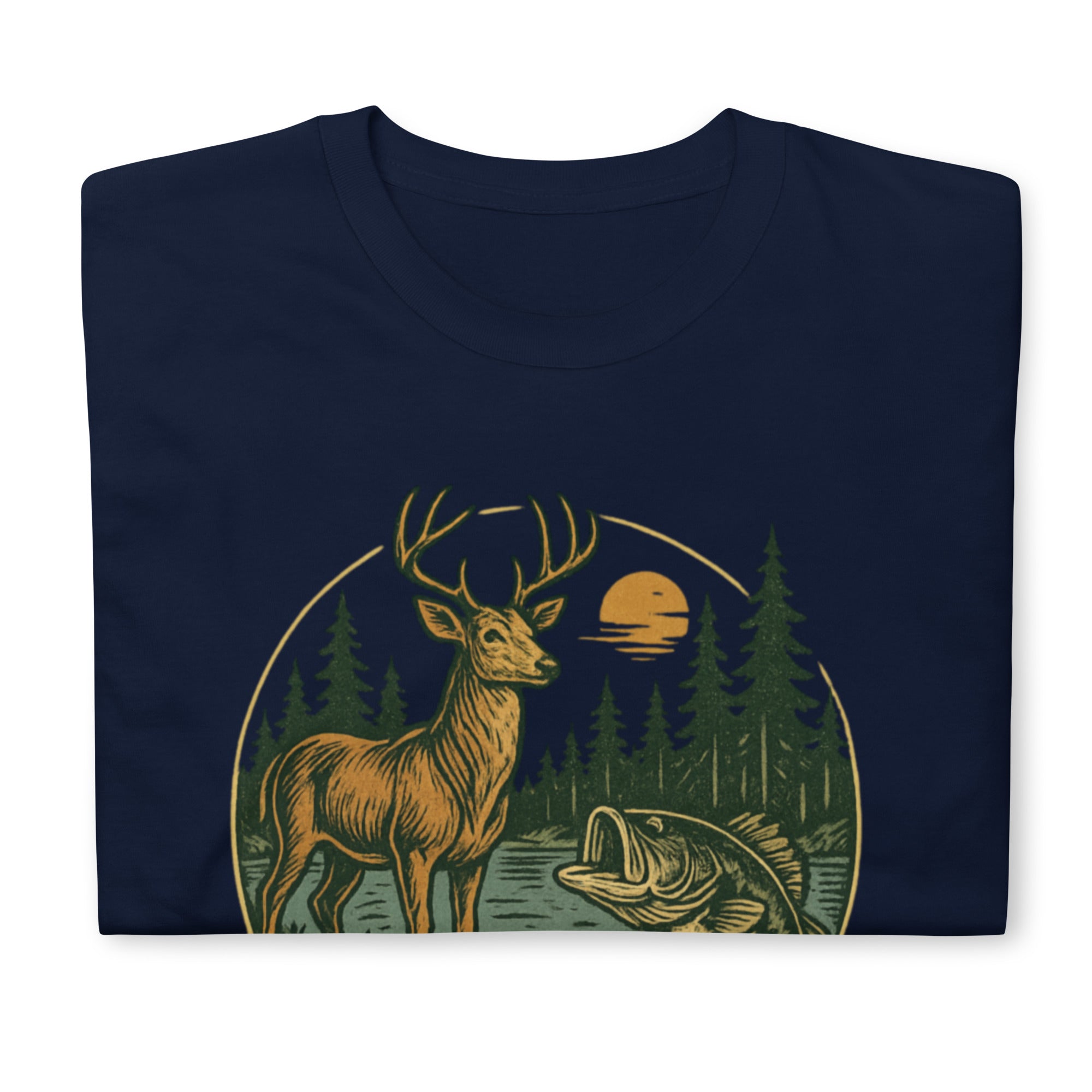 Navy short-sleeve t-shirt with vintage deer and bass front graphic