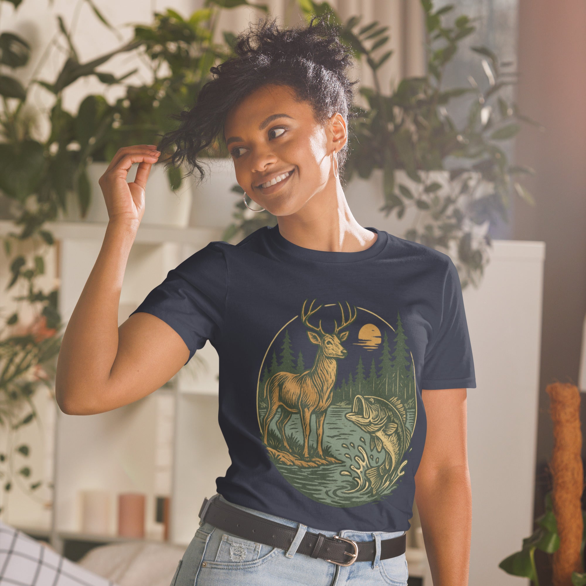 Black short-sleeve unisex T-shirt featuring vintage deer and bass illustration on chest