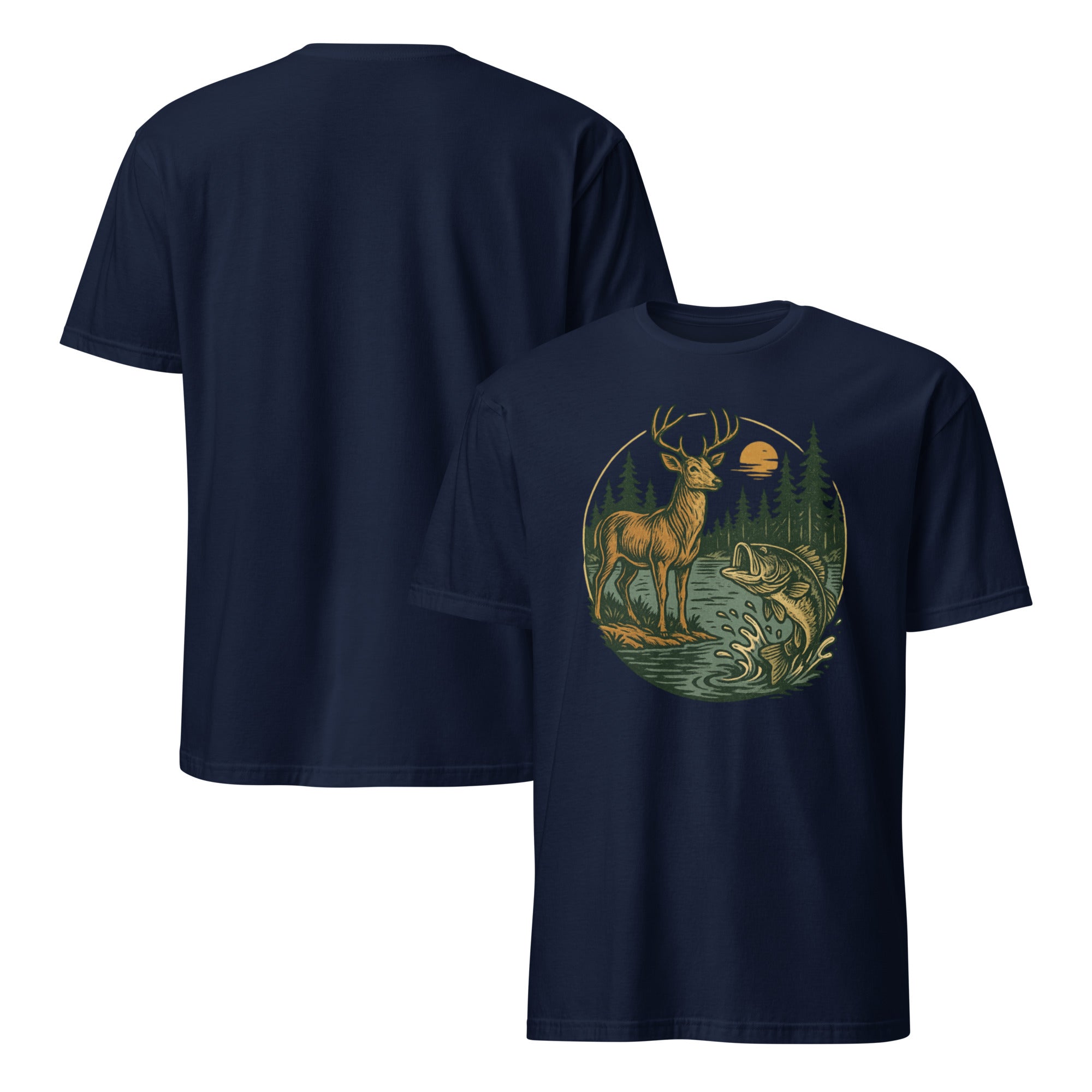 Navy unisex short-sleeve T-shirt with deer and bass graphic on the chest