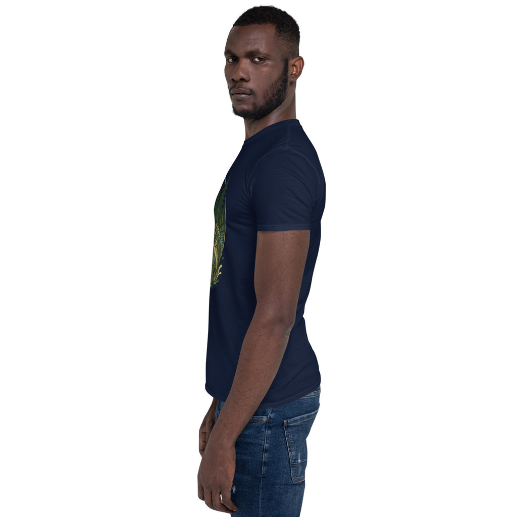 Navy short-sleeve T-shirt with deer and bass graphic on front, crew neck