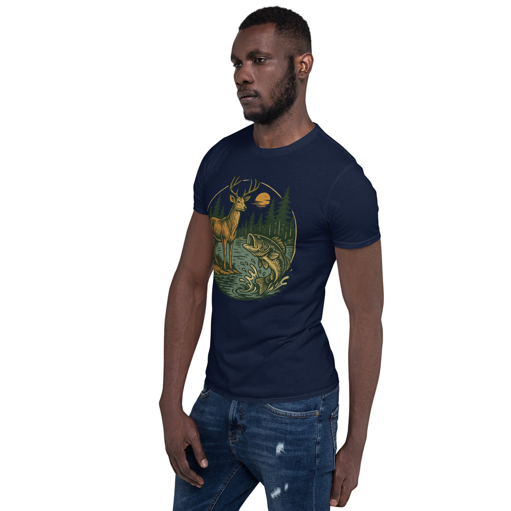 Navy unisex short-sleeve T-shirt with deer and bass graphic on front